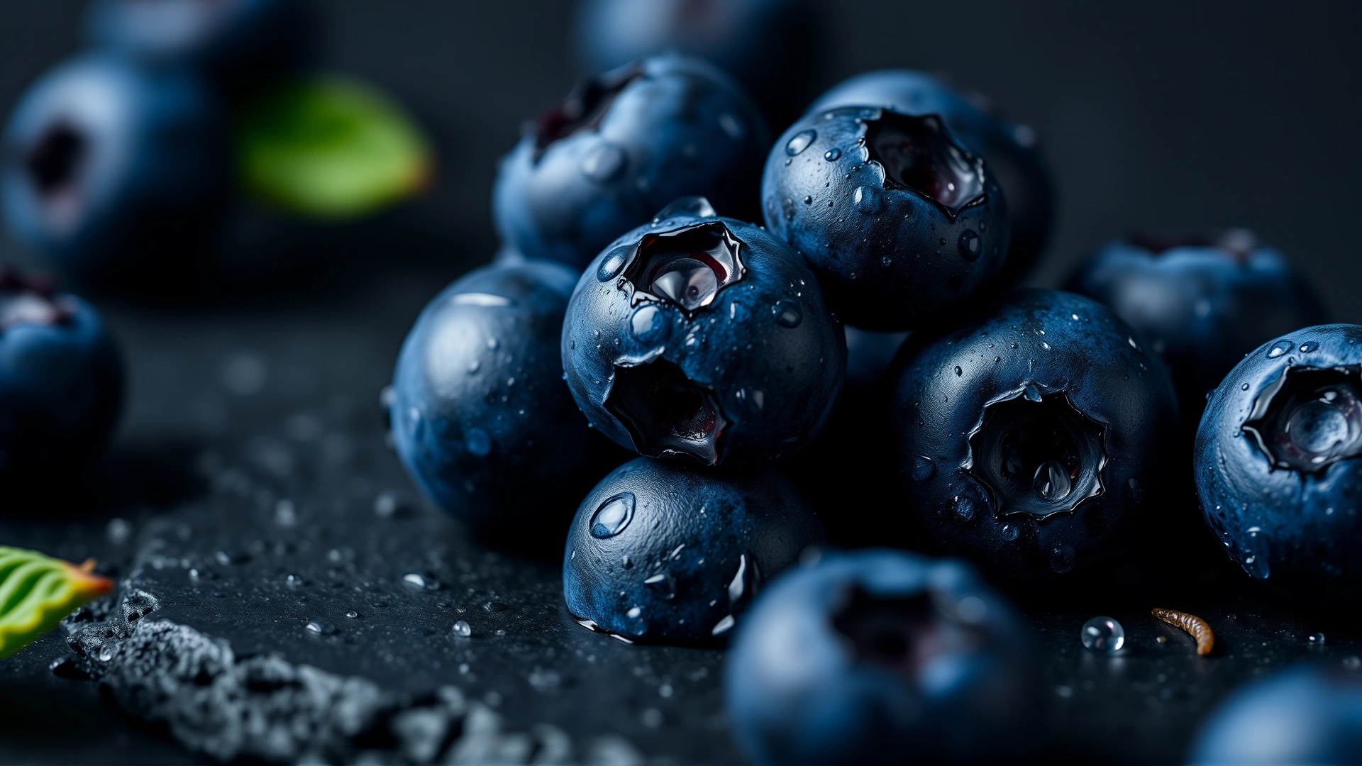Macro shot of fresh blueberries with water droplets on a dark slate background, high contrast lighting
