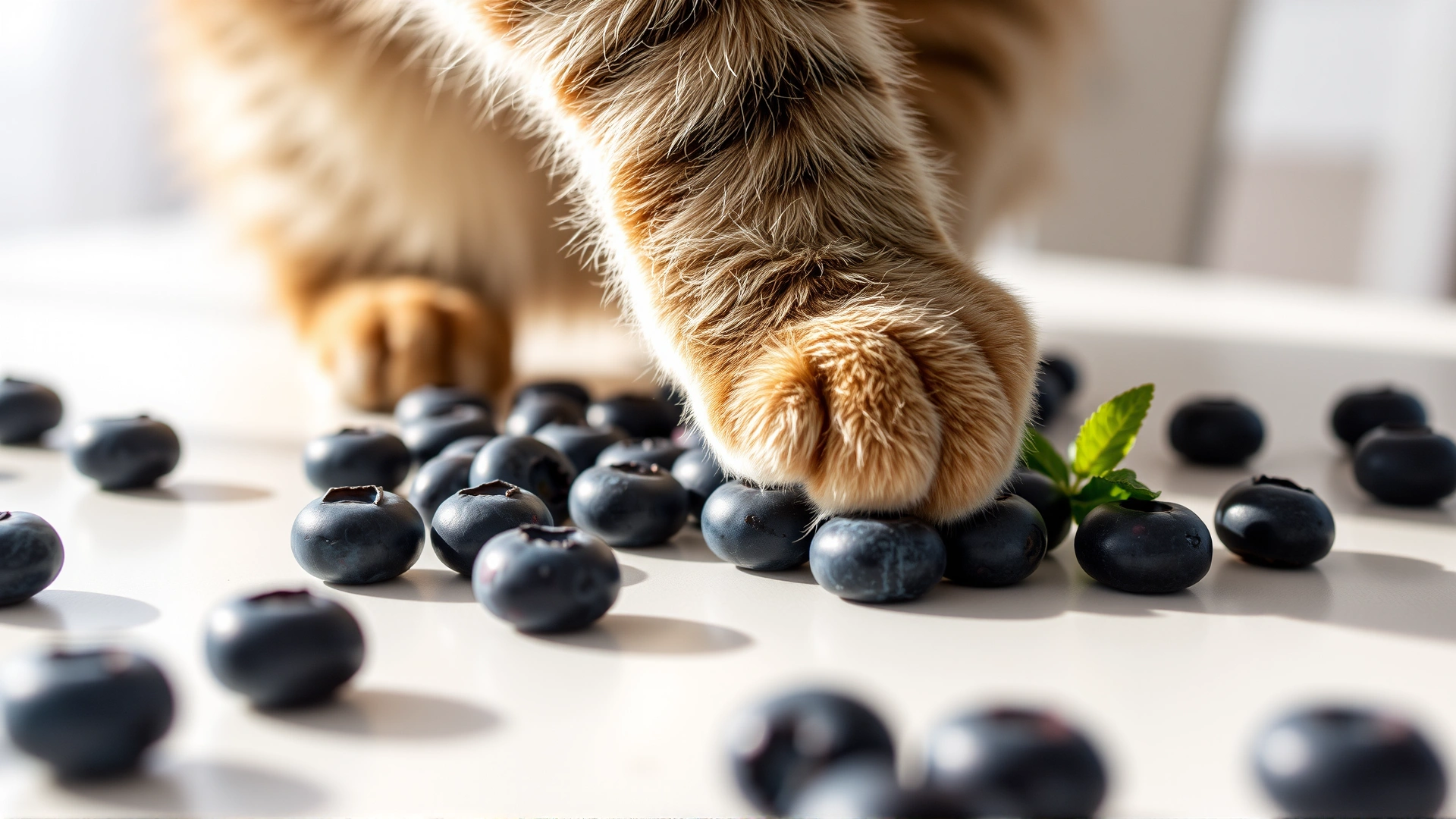 Close-up shot of a cat's paw gently touching scattered blueberries on a white table, soft morning light.
