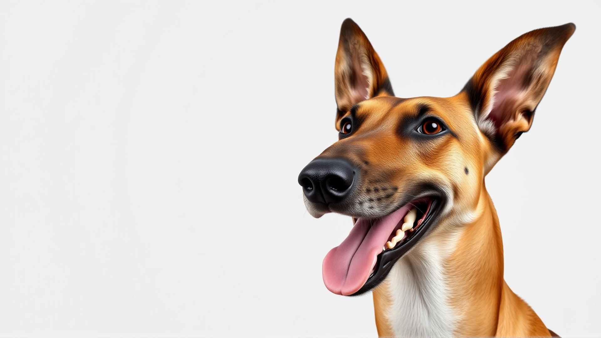 Close-up of a Pharaoh Hound with ears and nose blushing rosy pink while happily panting, neutral background
