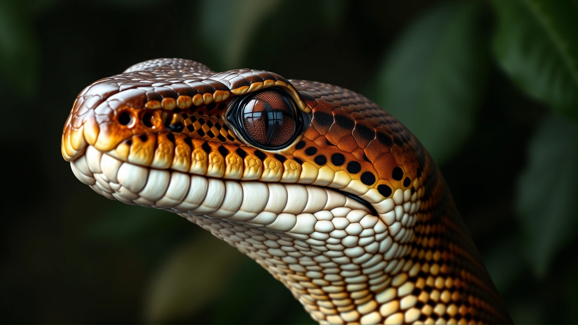 Close-up shot of a boa constrictor's head showing detailed scales and eyes, blurred jungle background, high resolution
