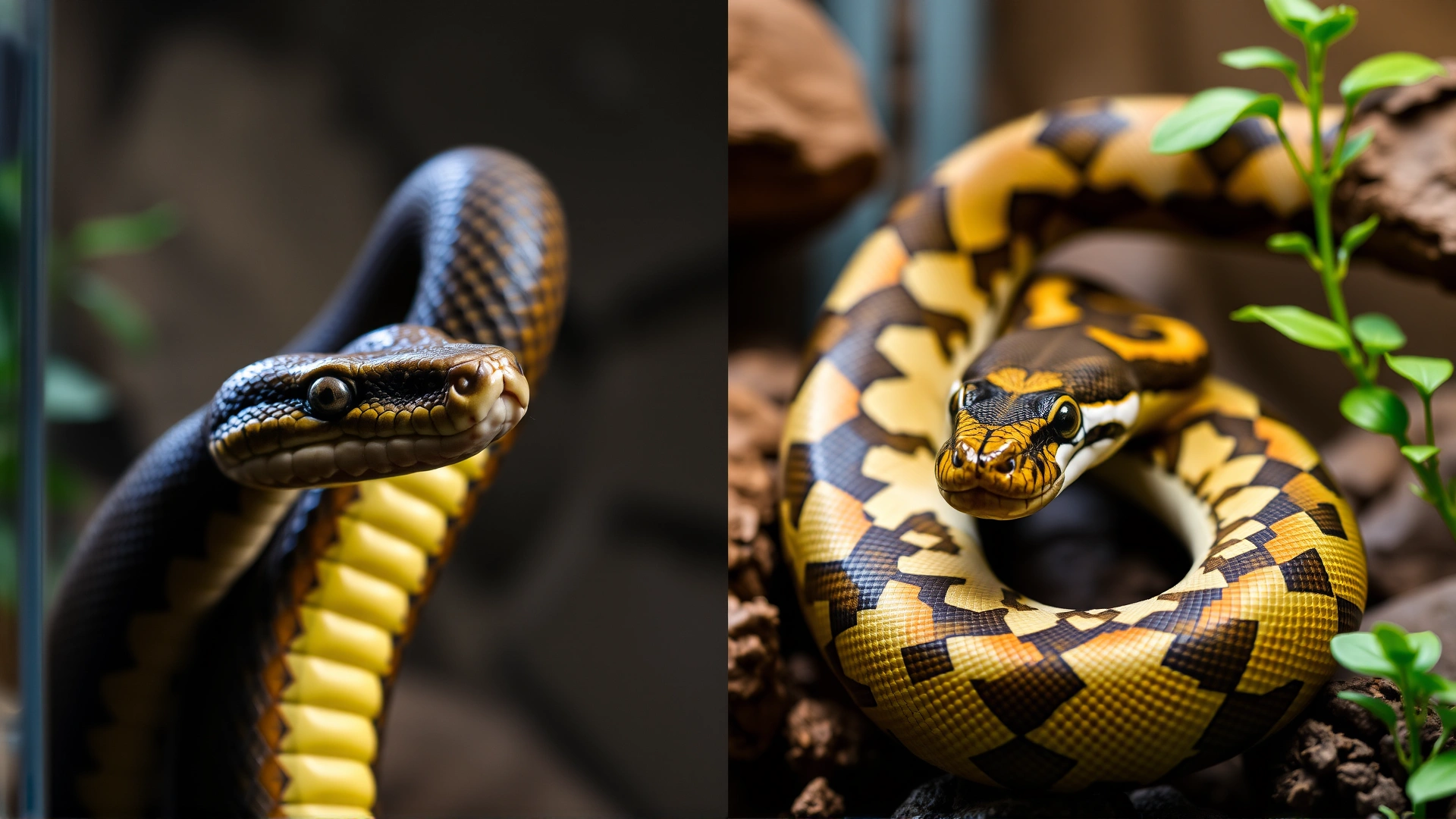 Side-by-side composition showing a Boa constrictor and a Ball python in a naturalistic terrarium setting, both in sharp focus, no text.