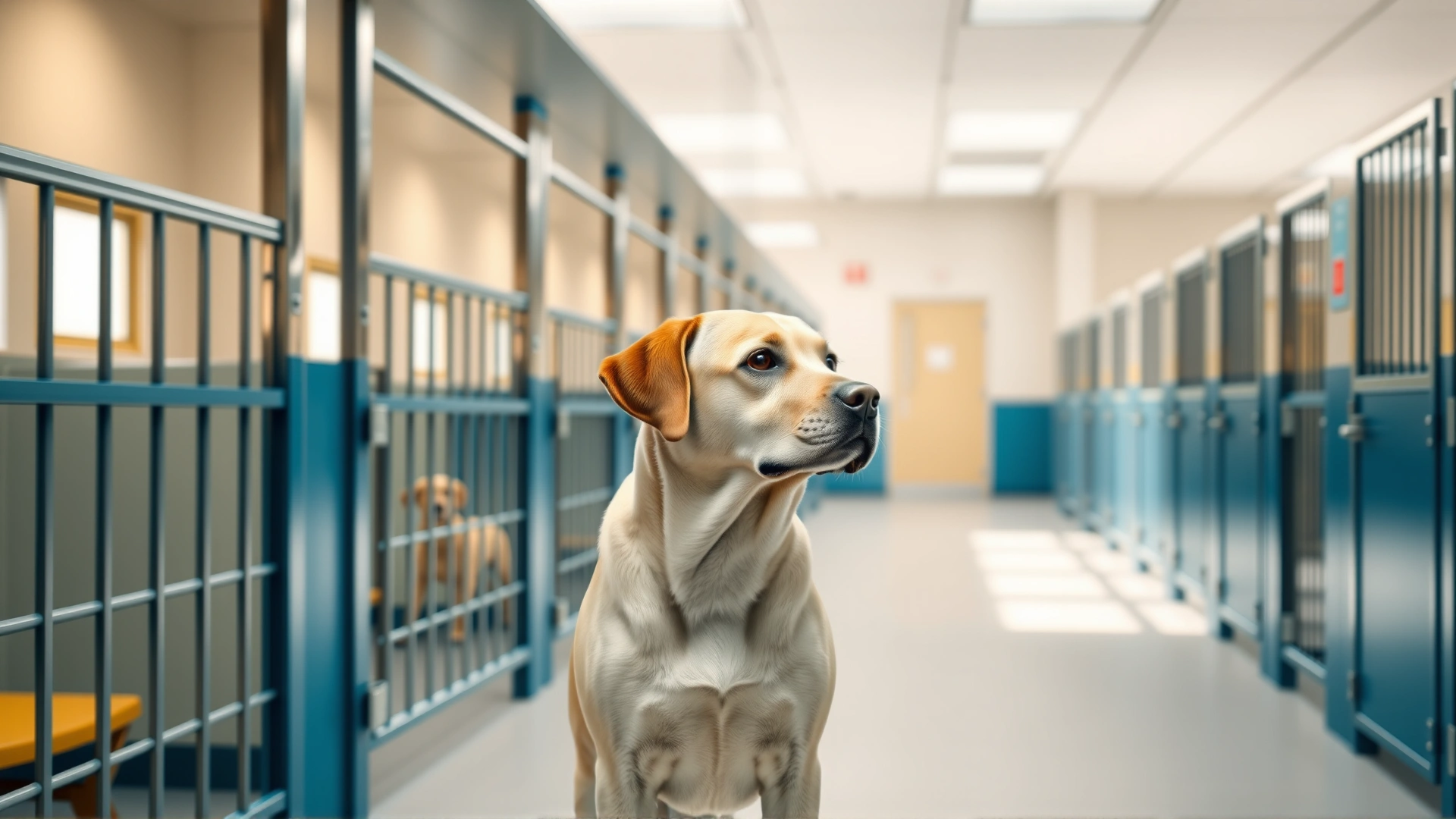 Clean boarding facility interior with a row of kennels; a Labrador looks out from behind its gate.
