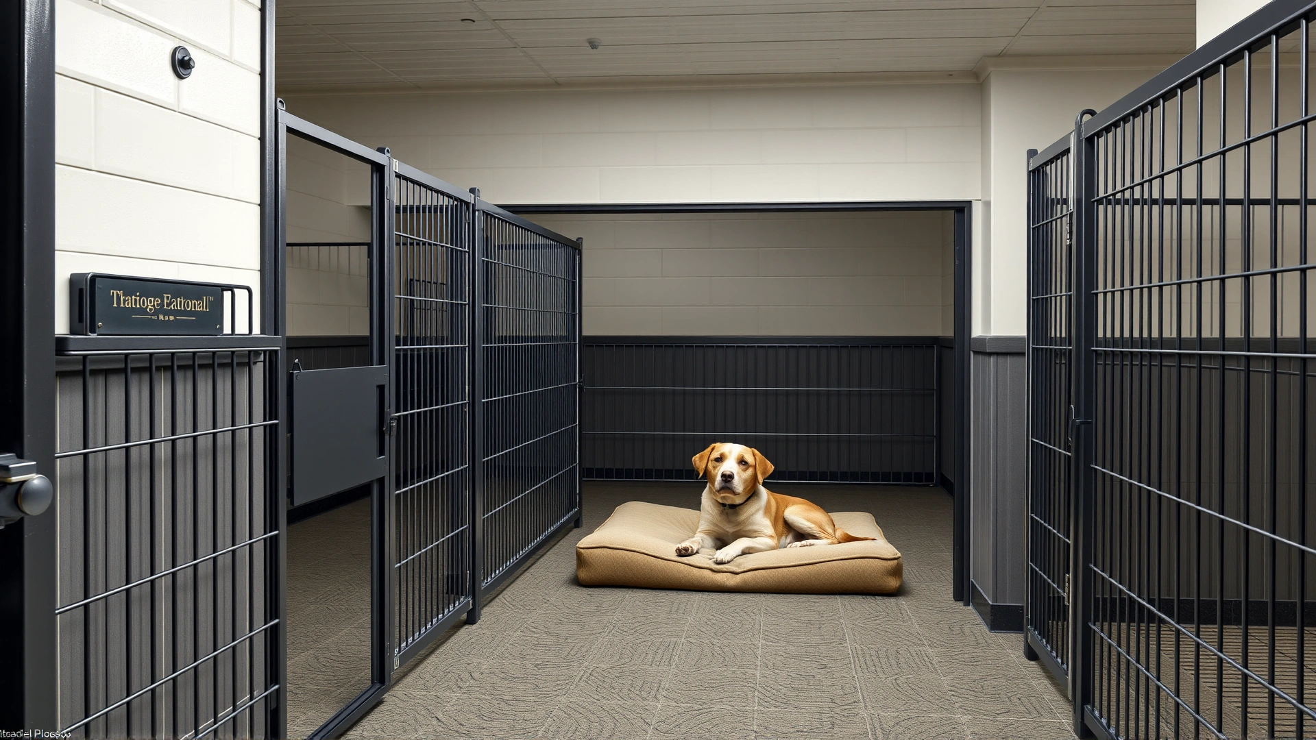 Interior view of clean, organized traditional boarding kennels with individual runs and a relaxed dog lying on a comfortable bed inside one of the runs.