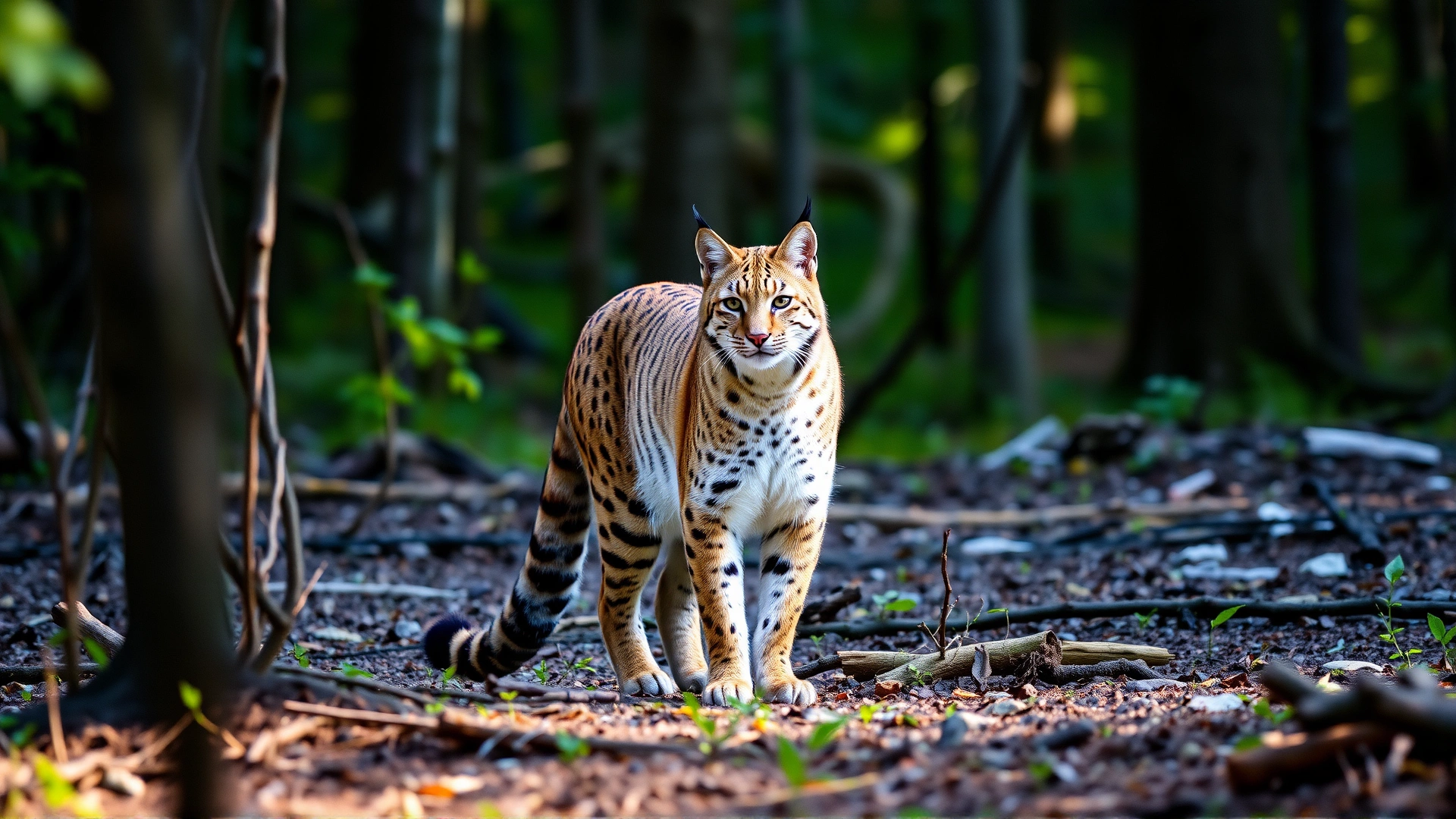 Wild bobcat standing alert in a forest clearing during daylight, symbolizing natural reservoir of Cytauxzoon felis, no text