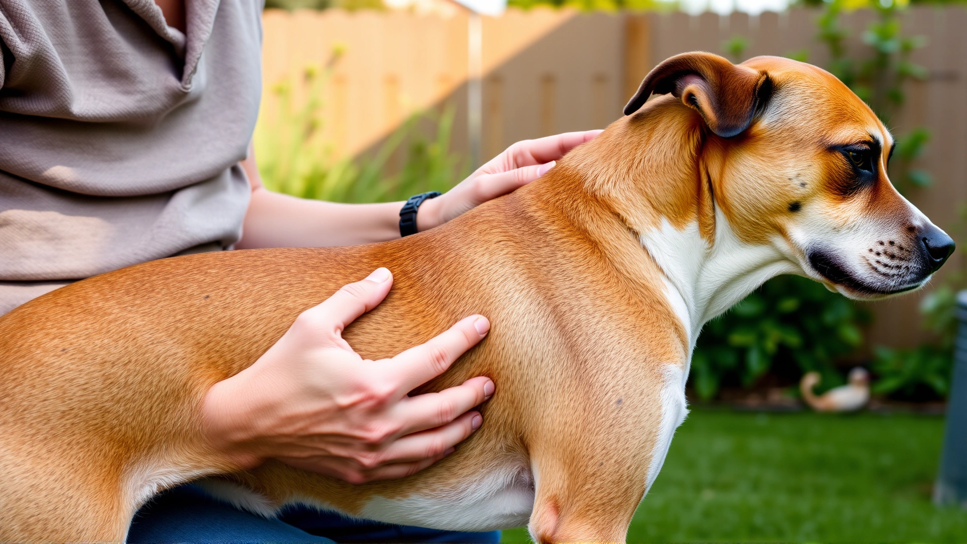 A pet owner checking their dog’s waistline and ribs with both hands in a backyard setting, demonstrating the Body Condition Score technique.
