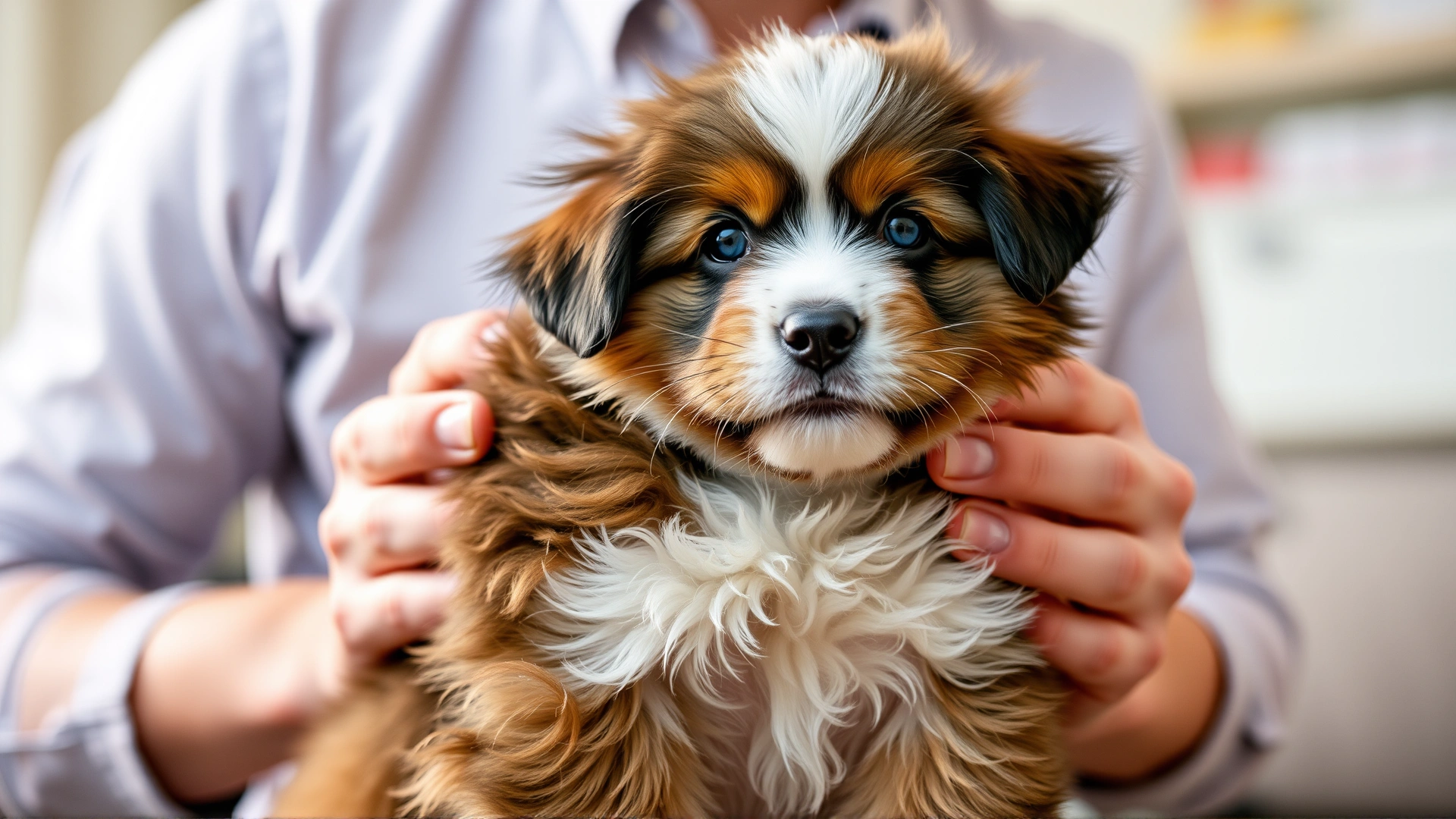Owner lightly placing hands on sides of a fluffy puppy to feel ribcage, demonstrating body condition check, indoor soft lighting