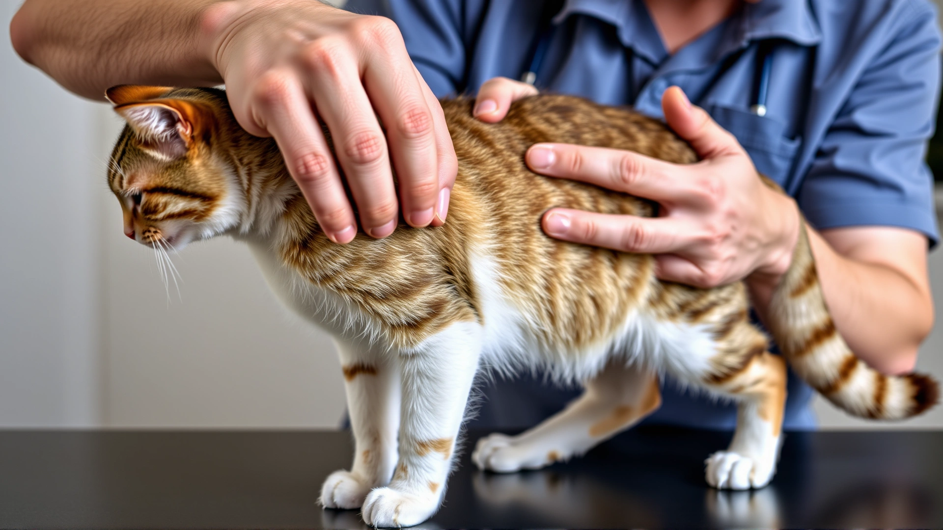 Owner gently running fingers along a cat's ribcage while the cat stands sideways on a table, demonstrating body condition assessment.