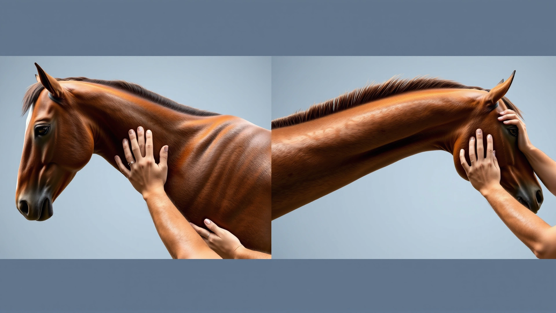 Split-screen image showing hands palpating the rib area and the neck crest of a horse to demonstrate body condition scoring