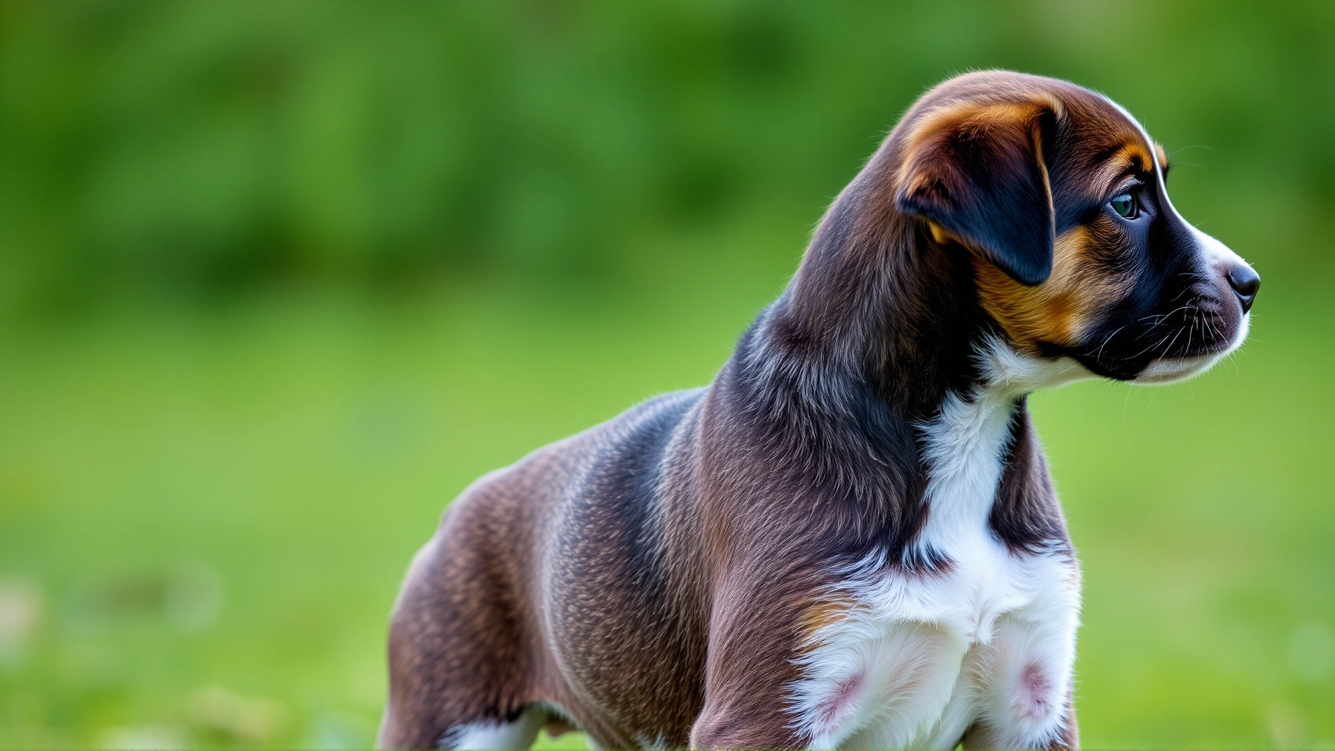 Side profile of a healthy puppy showing a visible waist and slight rib outline, outdoor setting, no text