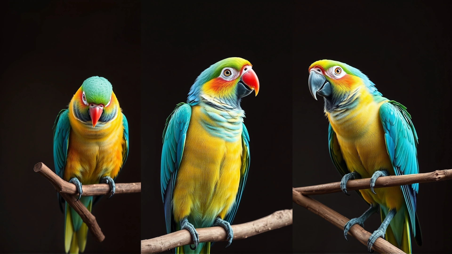 Montage-style image of three parrots displaying relaxed, alert, and stressed postures on separate perches.