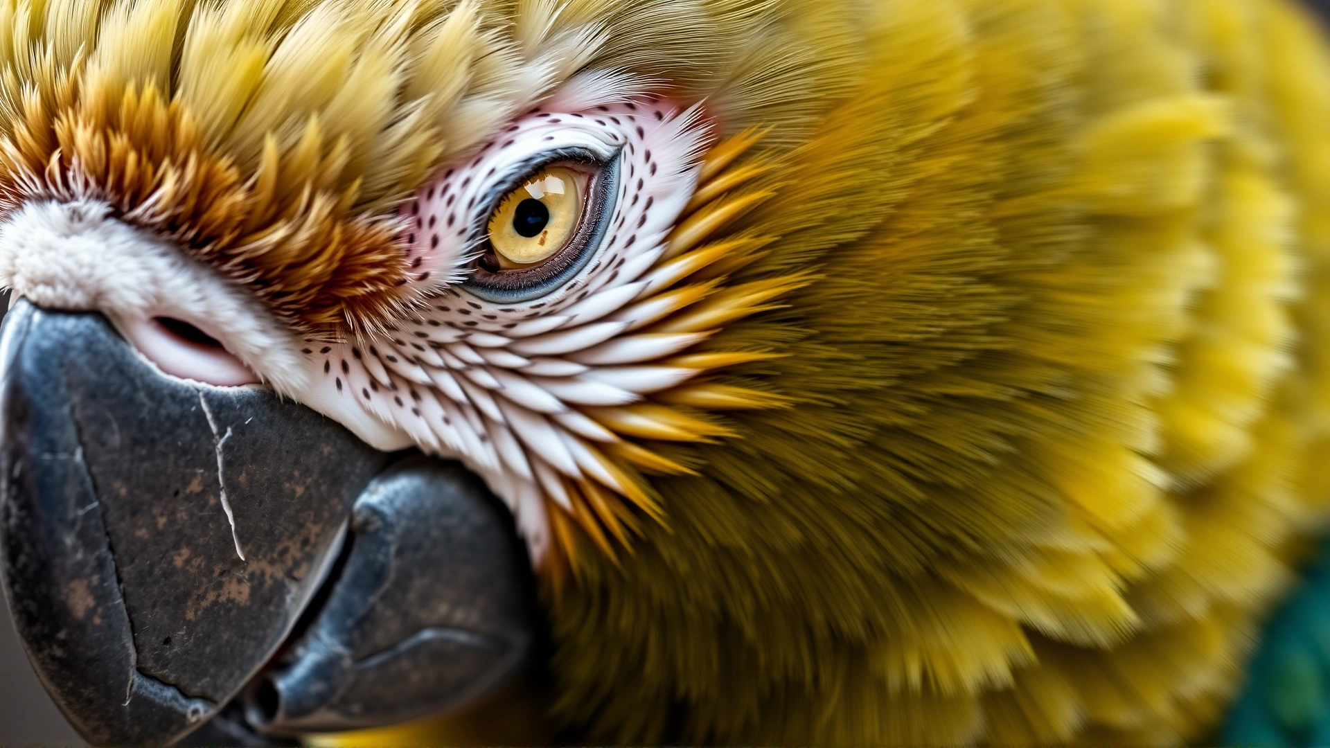 Macro shot of a parrot's face displaying relaxed feathers and calm eyes, useful for teaching body-language cues.