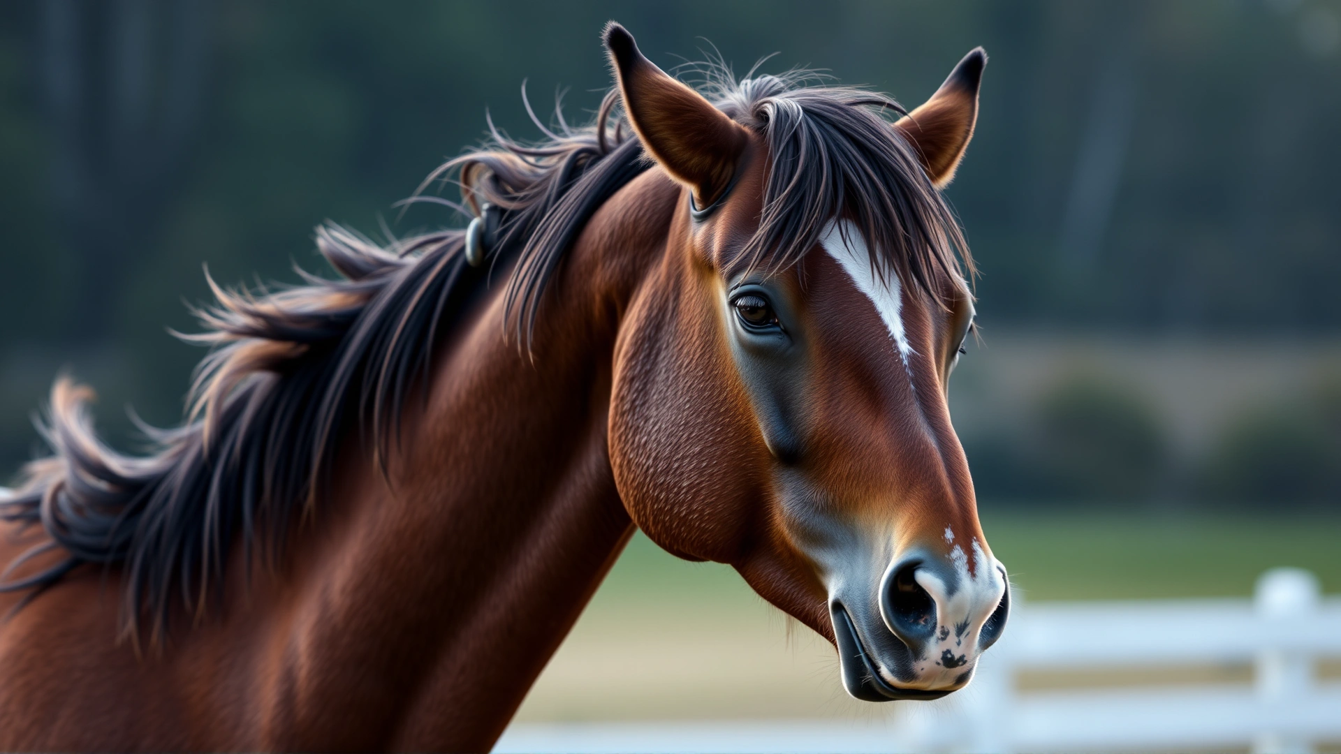 Close-up of a horse pinning its ears back and swishing its tail, signalling irritation