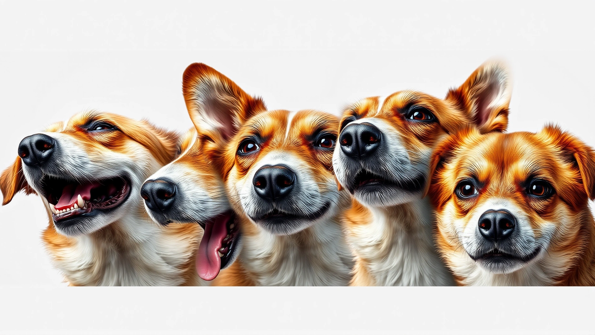 Collage-style image showing four facial expressions of a dog: relaxed, yawning, ears back, whites of eyes visible; neutral background; no text