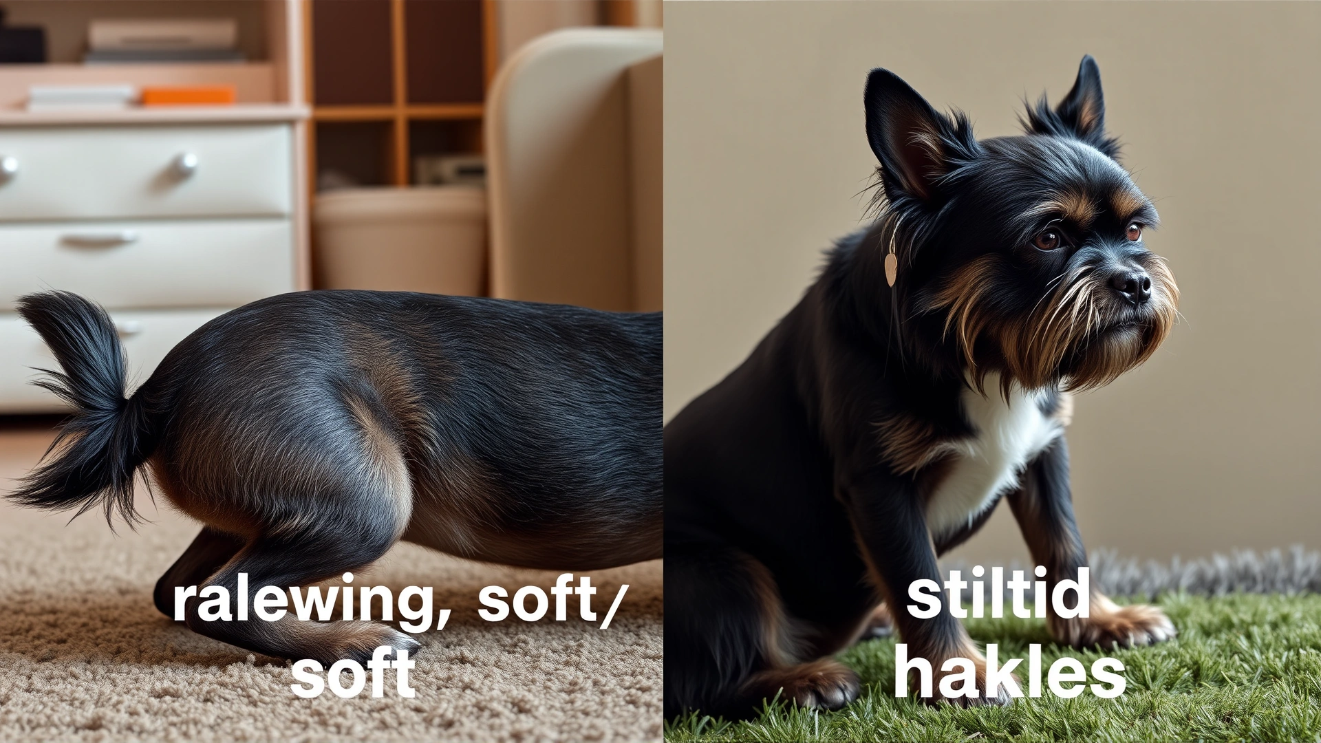 Split-scene image: left side shows relaxed dog body language (tail wagging, soft posture), right side shows tense dog body language (stiff, raised hackles), no text overlays.