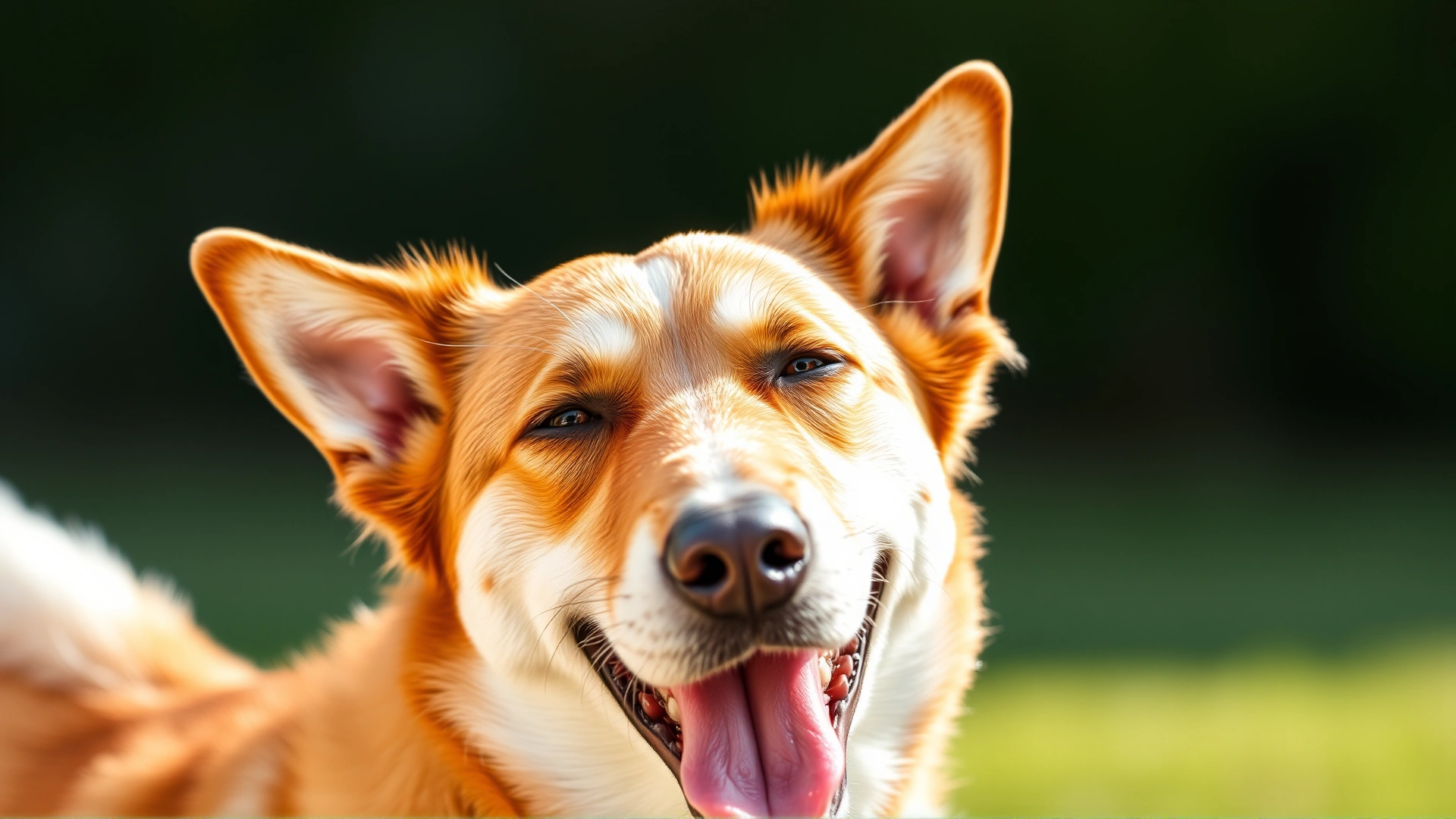 Close-up of a happy dog with relaxed ears and wagging tail, illustrating positive body language cues. No text.