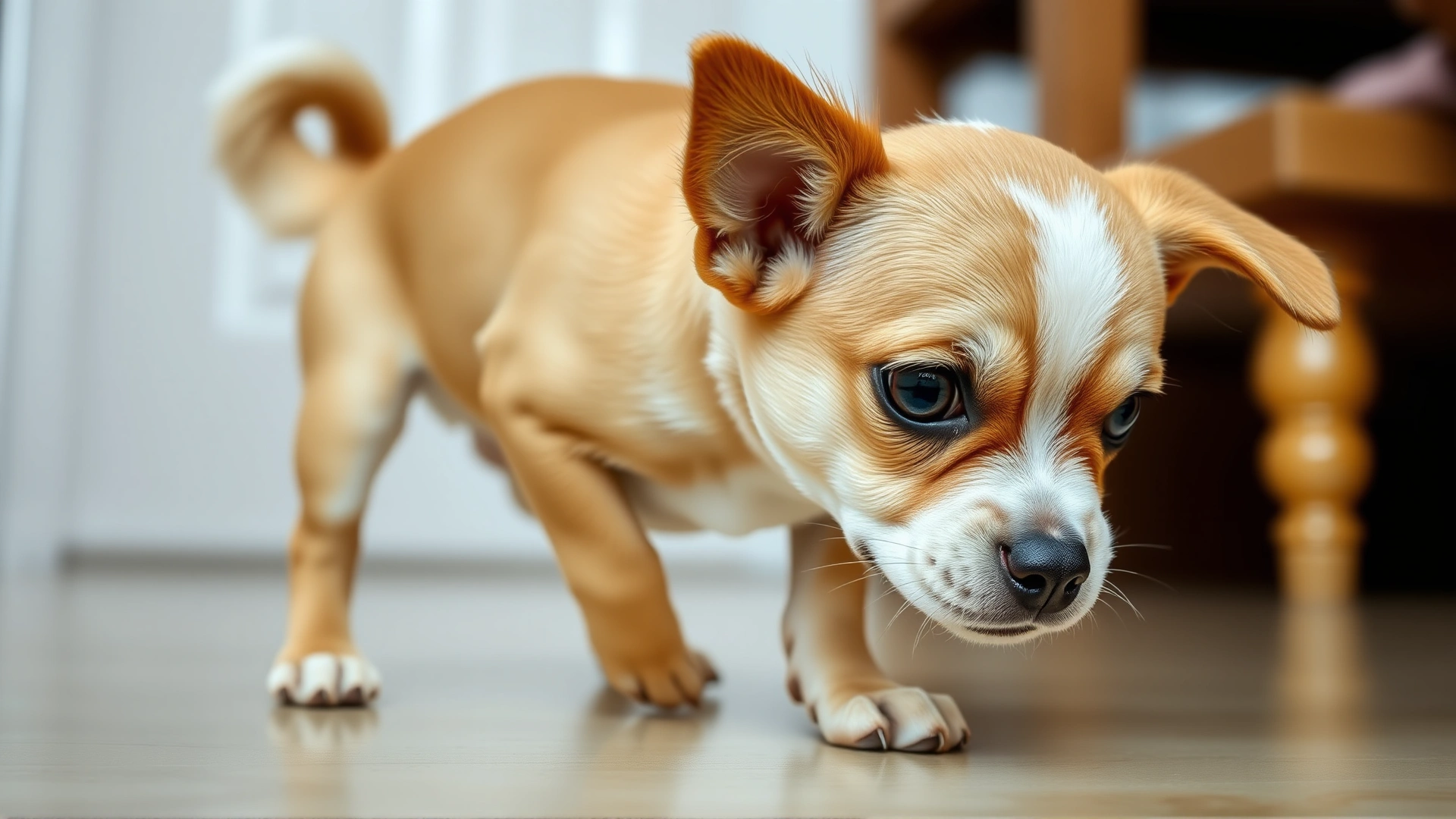 Close-up of a small dog crouching with tail tucked, ears back, and dilated pupils, clearly displaying fearful body language in a neutral home setting.