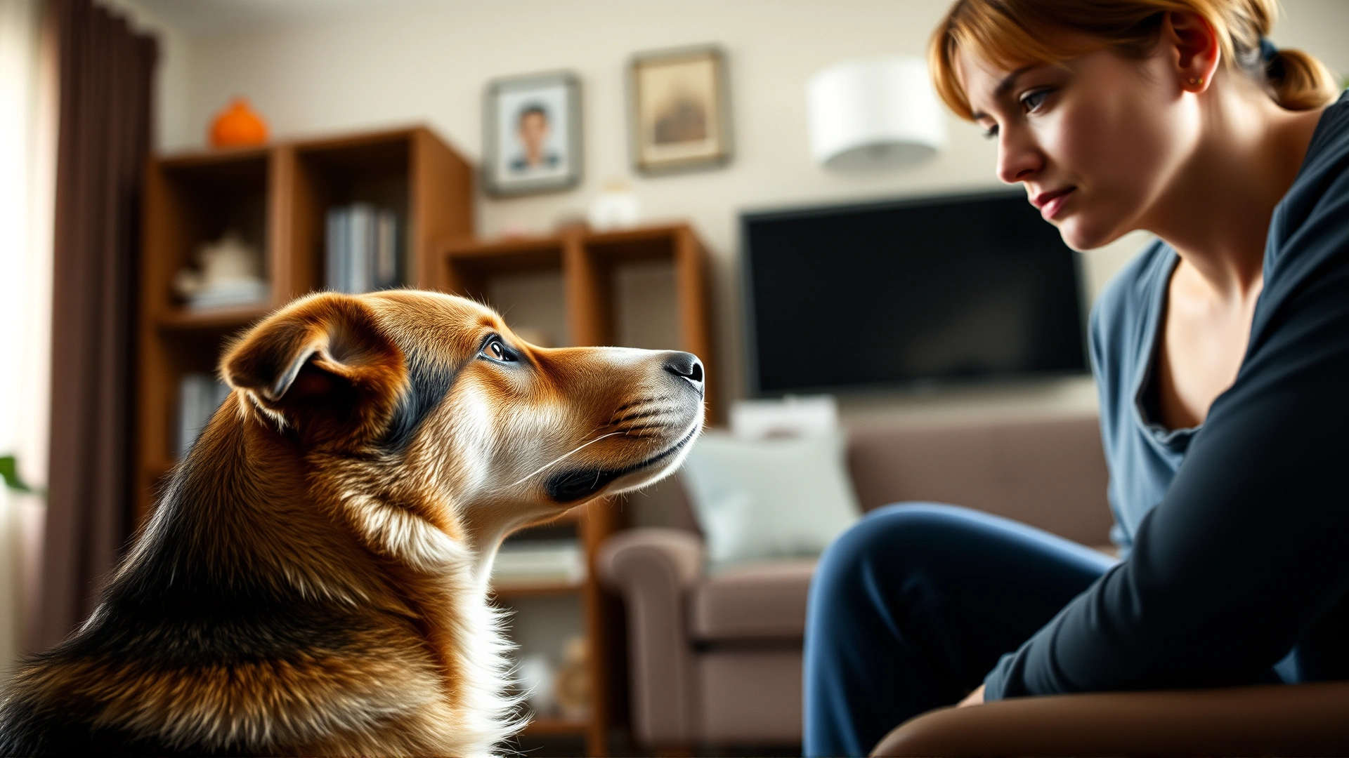 A dog observes a person who is showing anxious body language, slightly hunched shoulders, in a living room setting