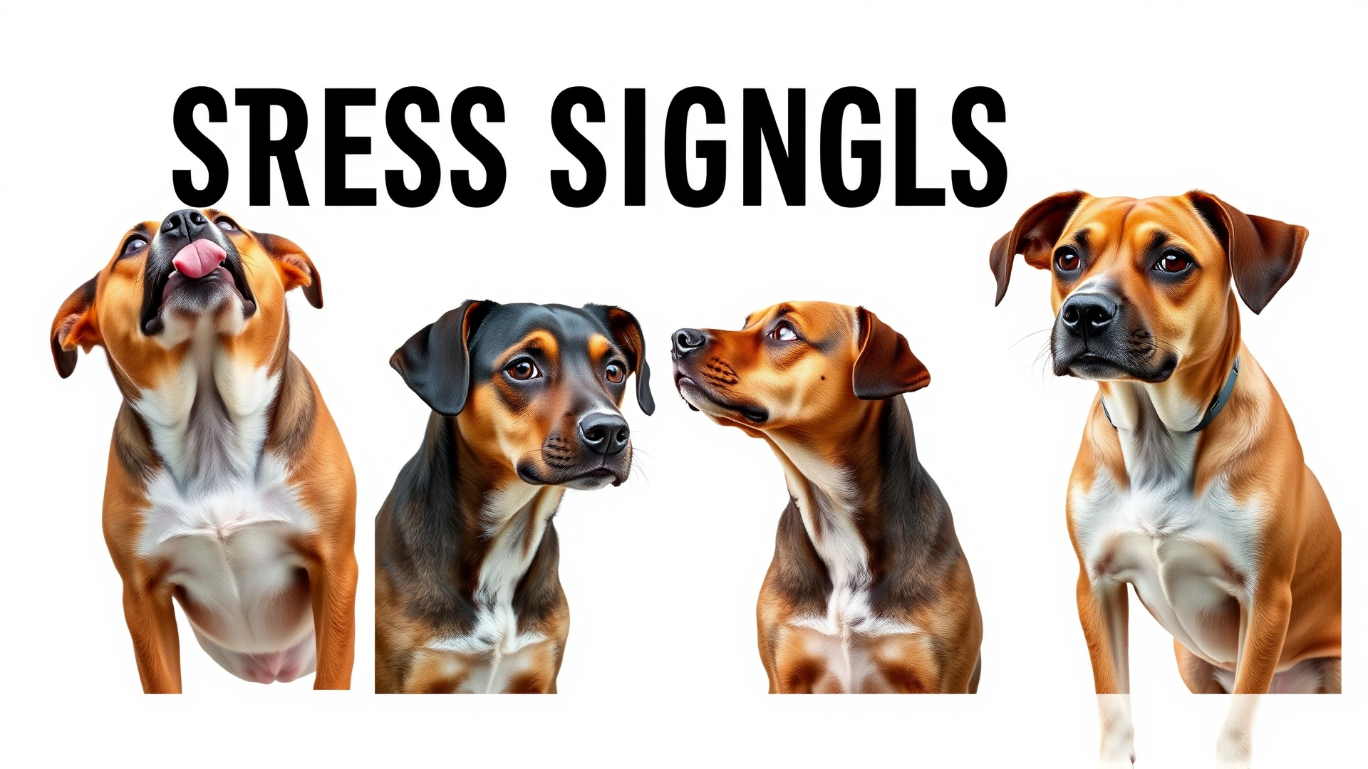 Collage-style photo showing four dog stress signals: lip licking, tucked tail, flattened ears, and stiff posture, each framed cleanly against white backdrop.