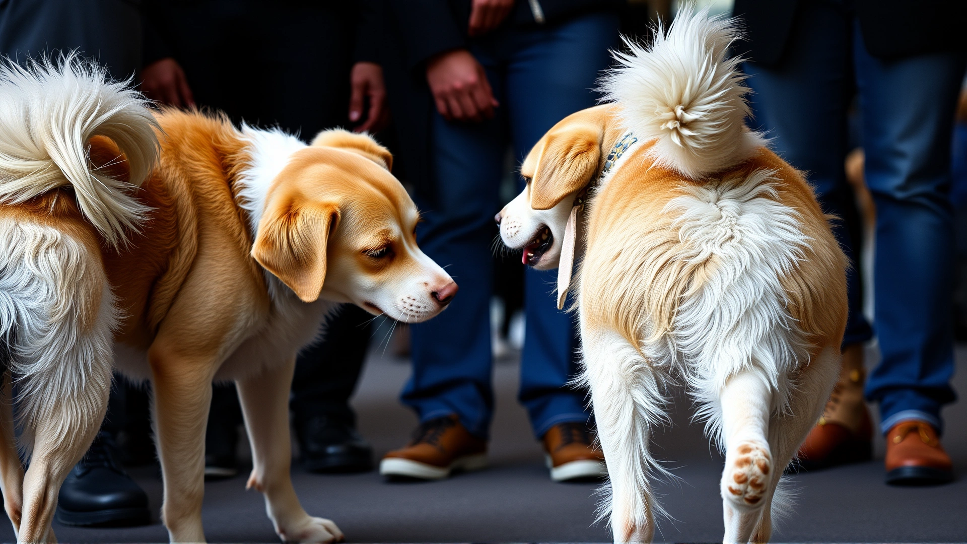 Two dogs interacting while their owners watch attentively, illustrating relaxed body language like loose tails and play bows.