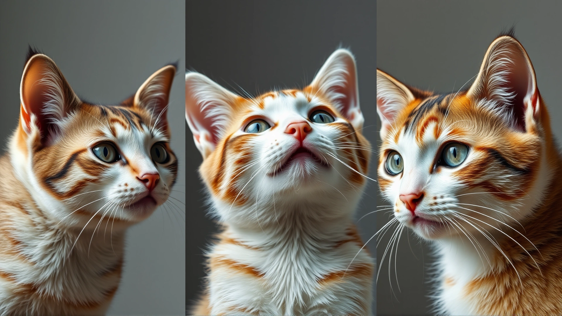 Close-up collage style photo showing three different cats displaying distinct body language: tail up, arched back, ears flattened (no text on image)