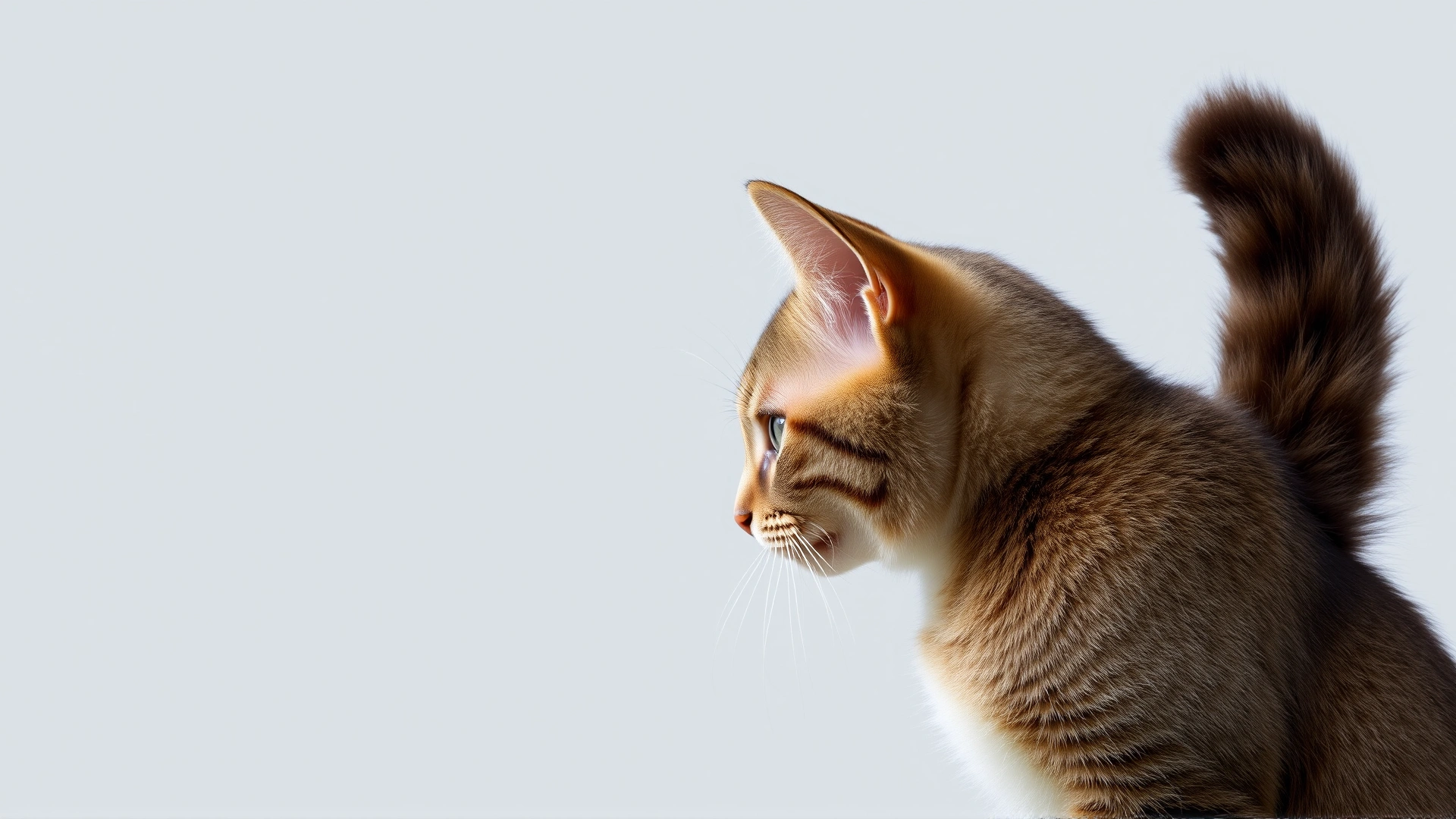 Profile photo of a cat with flattened ears, puffed tail, and raised fur, clearly showing classic fear-aggression body language, plain neutral background.