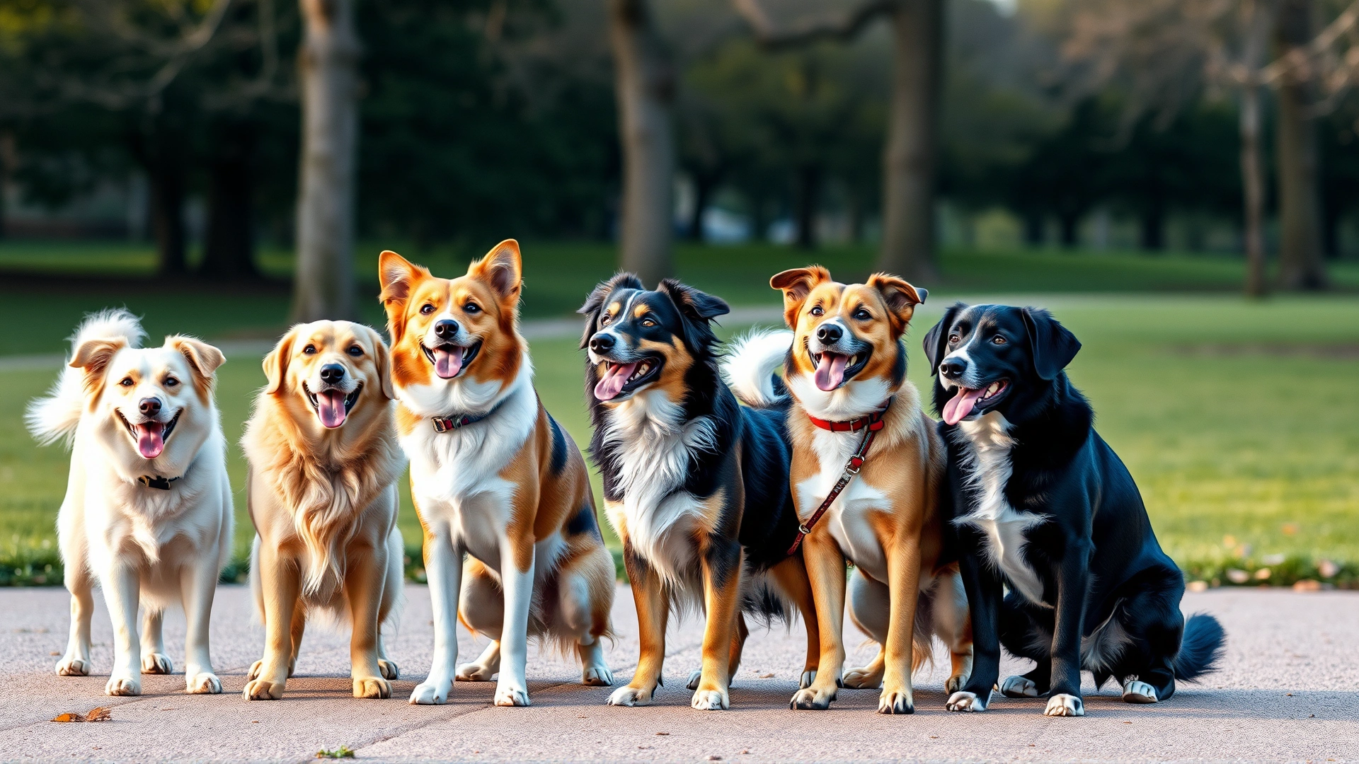 Group of five different dog breeds standing together in a park, displaying relaxed body language and wagging tails, soft natural light, no text