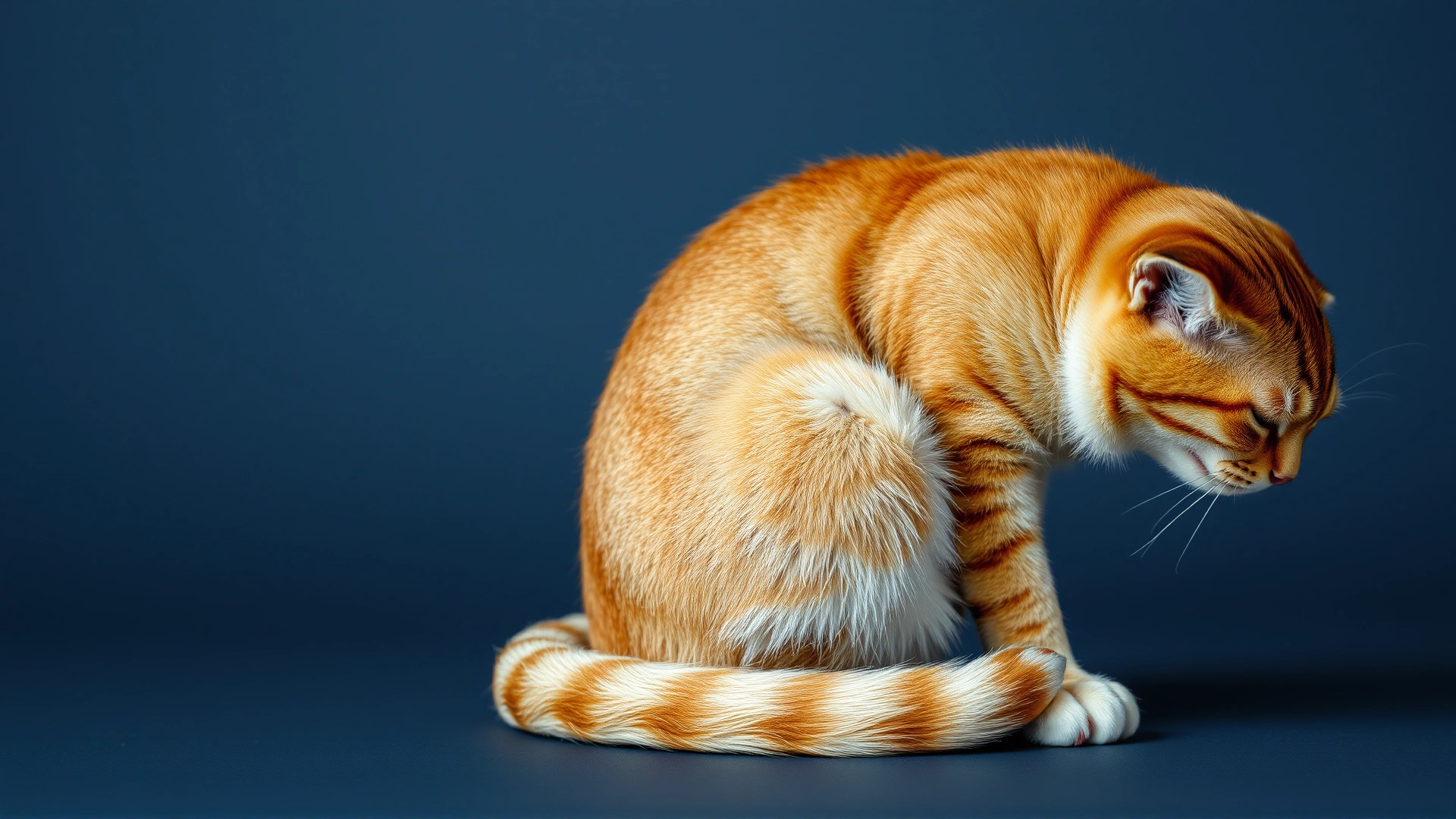 Side view of a domestic cat sitting in a hunched position with paws tucked and tail wrapped tightly around its body, demonstrating a typical pain posture.