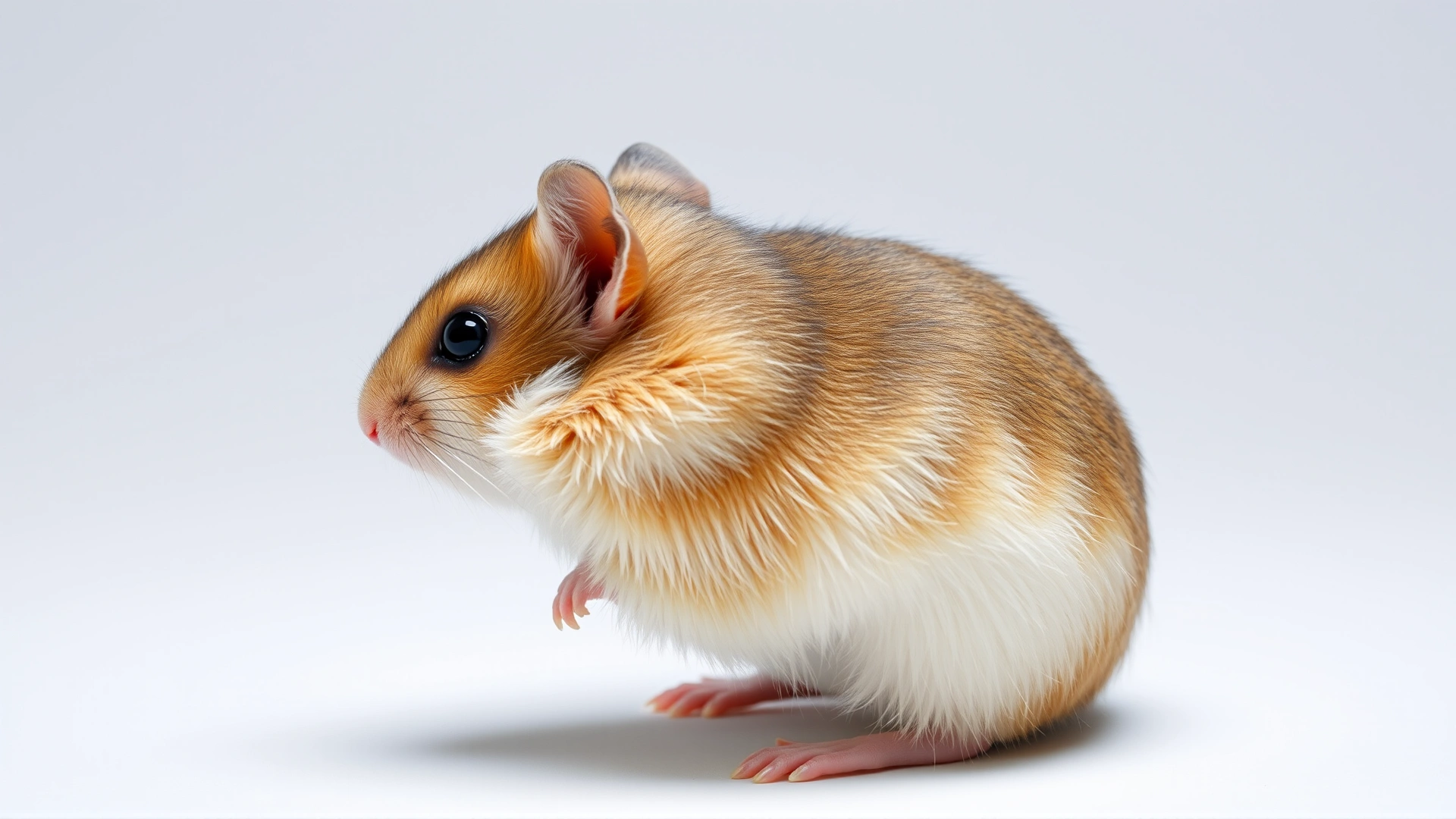 Side profile of a Syrian hamster against a plain white background, allowing clear view of body proportions and fur.