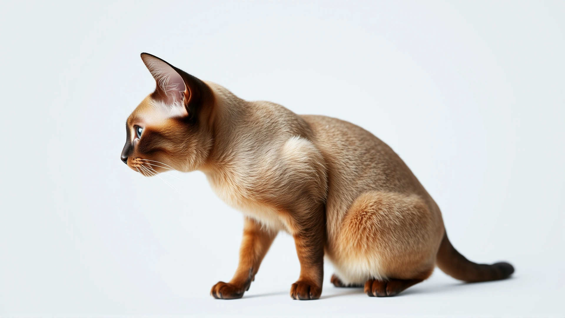 Side profile studio shot highlighting the compact, muscular build and rounded head of a Burmese cat on a plain light background