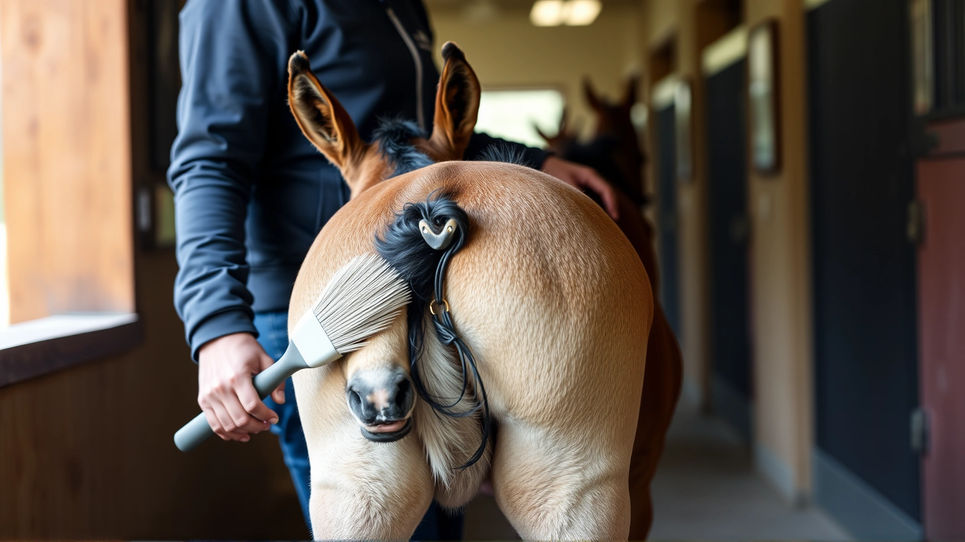 Trainer using a soft brush along the foal’s back and hindquarters, inside a barn corridor; shallow depth of field