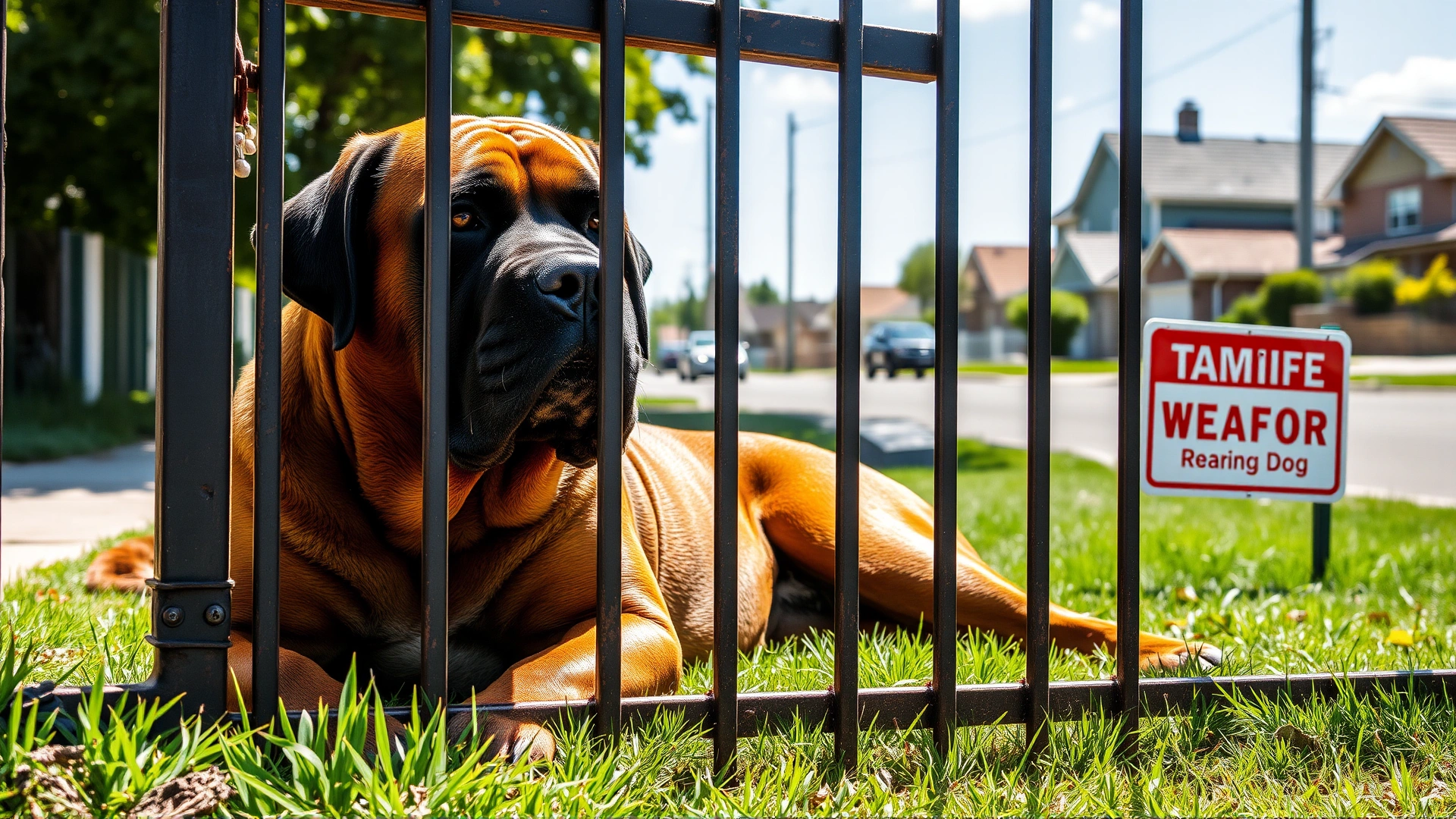 Medium shot of a sturdy Boerboel lying calmly behind a metal gate with a visible 'Beware of Dog' sign, suburban street view in background, bright daylight