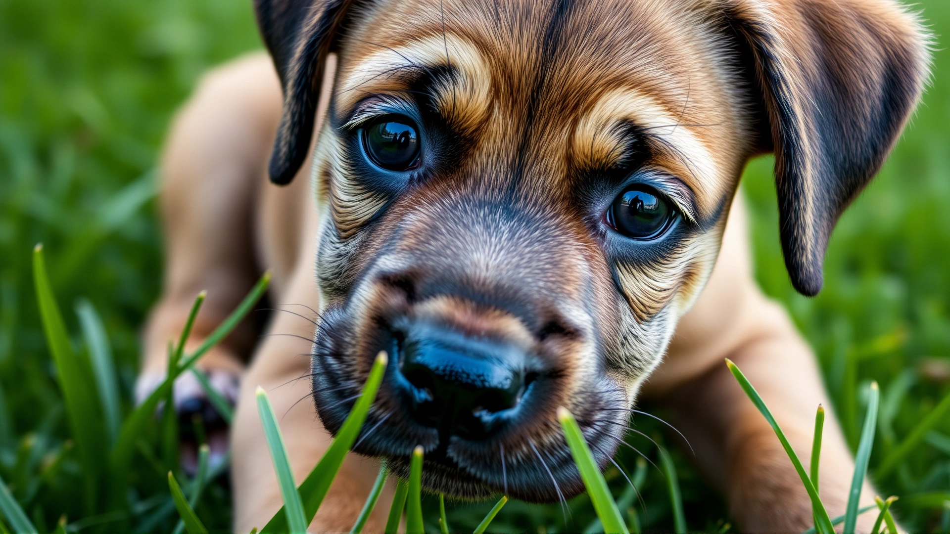 Close-up of an adorable Boerboel puppy sitting on fresh green grass with curious eyes, captured in natural daylight