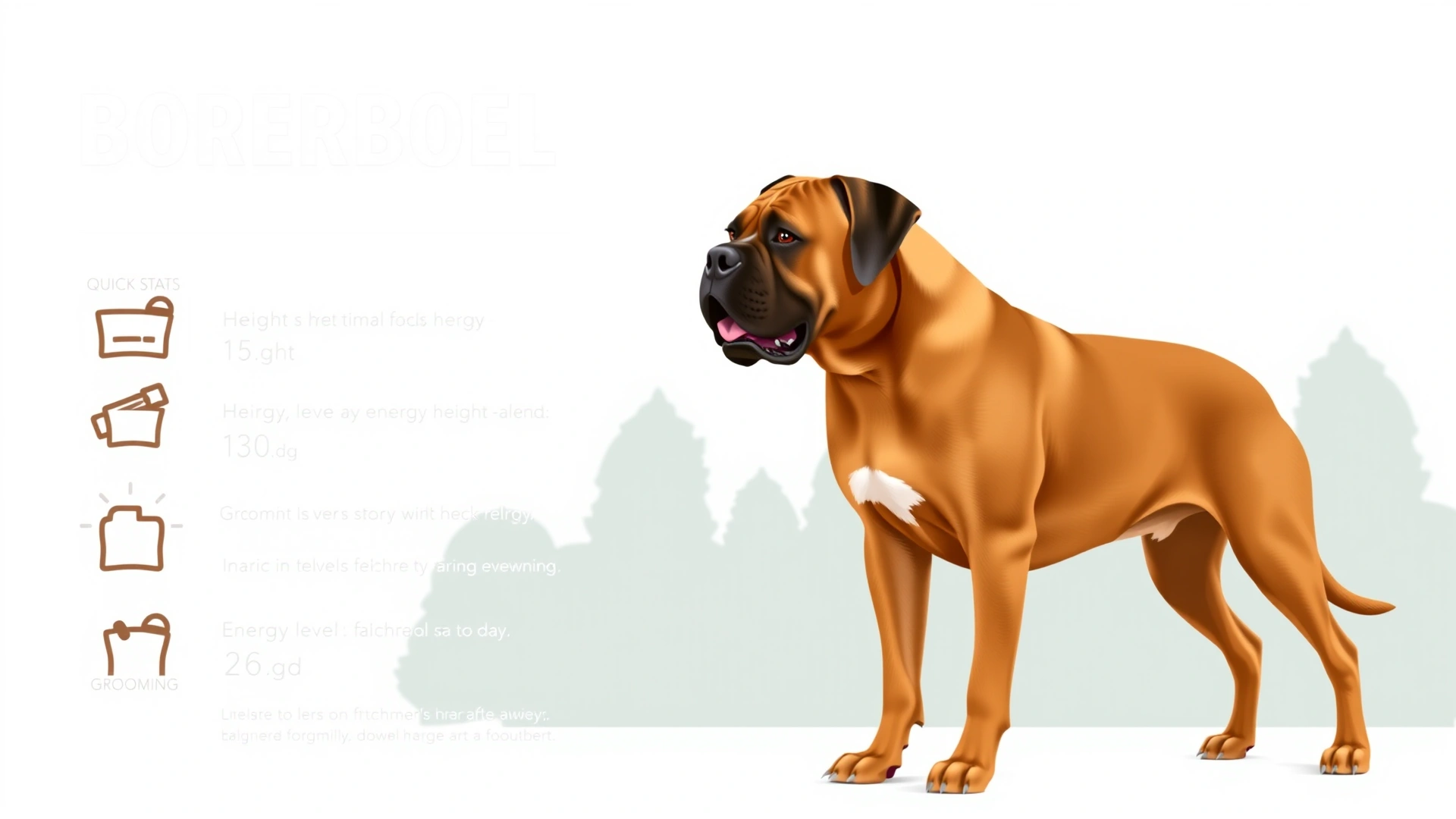Clean infographic style flat design showing Boerboel quick stats (height, weight, energy level, grooming) with simple icons and a silhouette of the breed, on white background