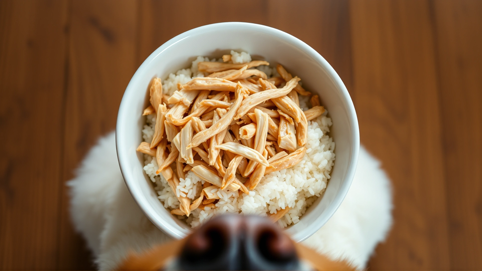 Top view of a simple white ceramic bowl filled with shredded boiled chicken and plain white rice; a dog’s nose entering the frame from the bottom edge adds context.