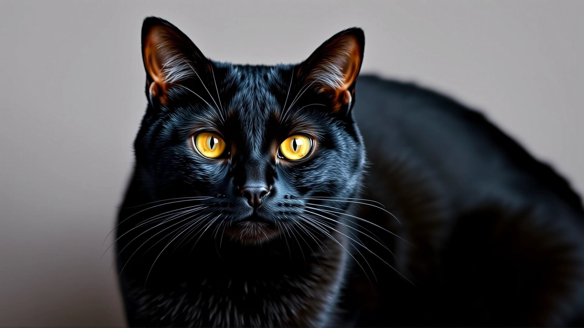 Studio portrait of a Bombay cat with an incredibly shiny jet-black coat and striking copper eyes, sitting proudly on a neutral backdrop.