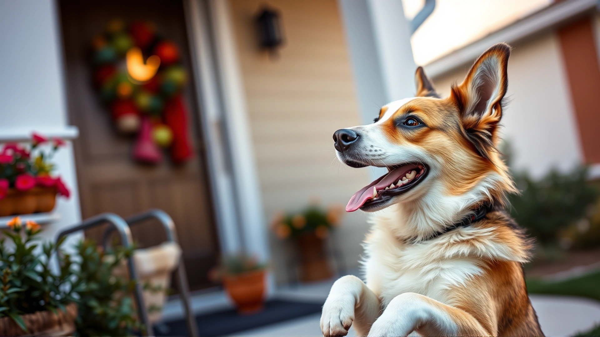 A joyful scene of a dog jumping up to greet its owner returning home, both faces filled with happiness.