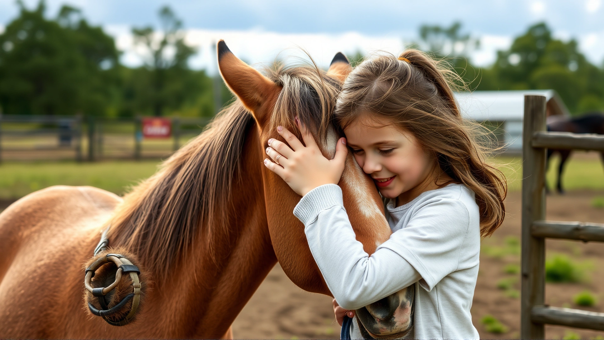 Young girl hugging the neck of a calm Galiceño pony in a paddock, illustrating strong human-horse bond, candid lifestyle photo