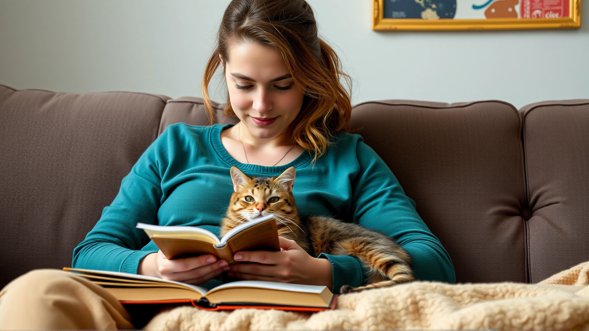 Young woman reading a book on the couch while a neurological disorder cat lies comfortably on her lap