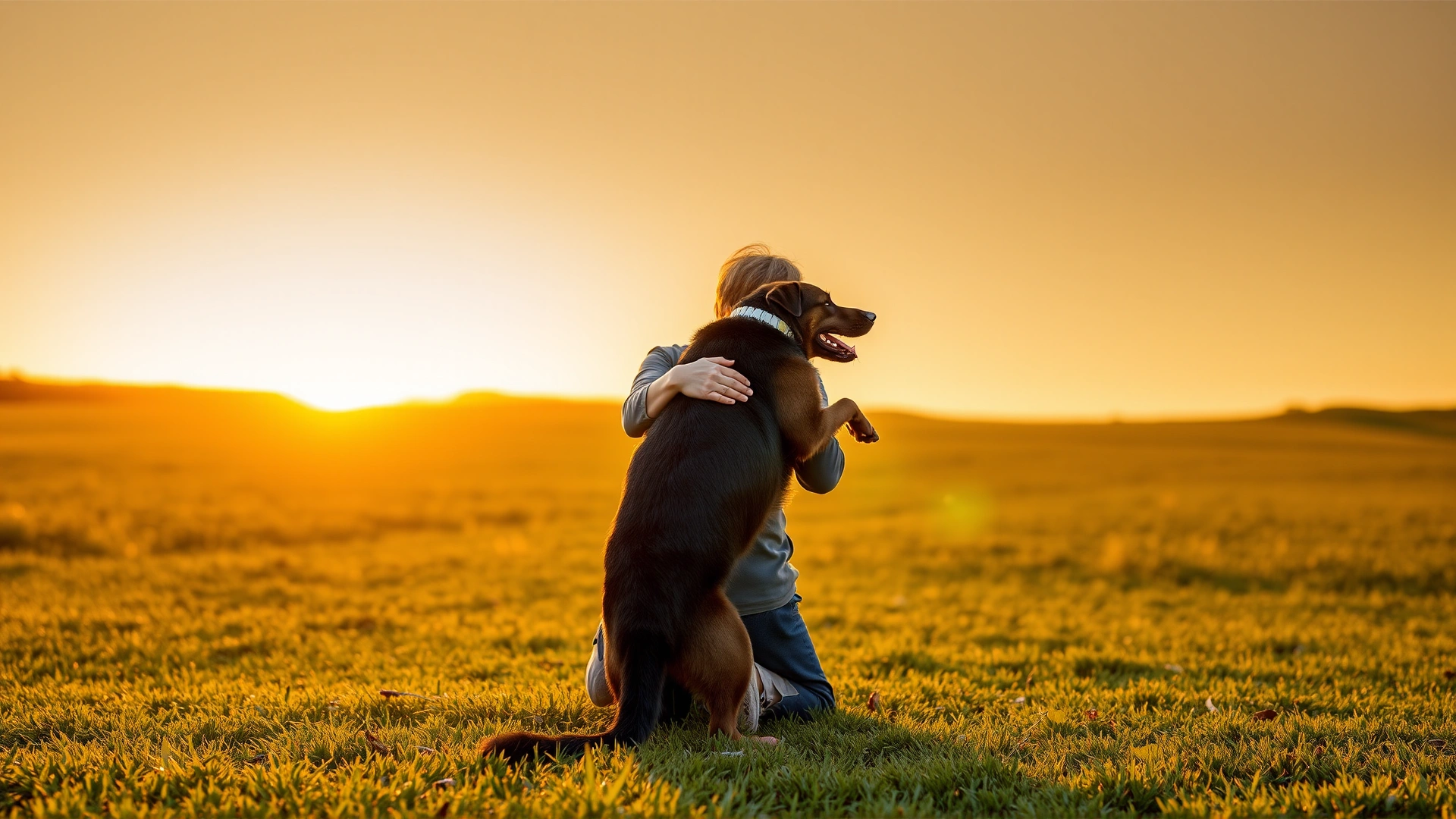 Golden-hour image of an owner kneeling and hugging their dog after a training session in an open grassy field, both backlit by sunset