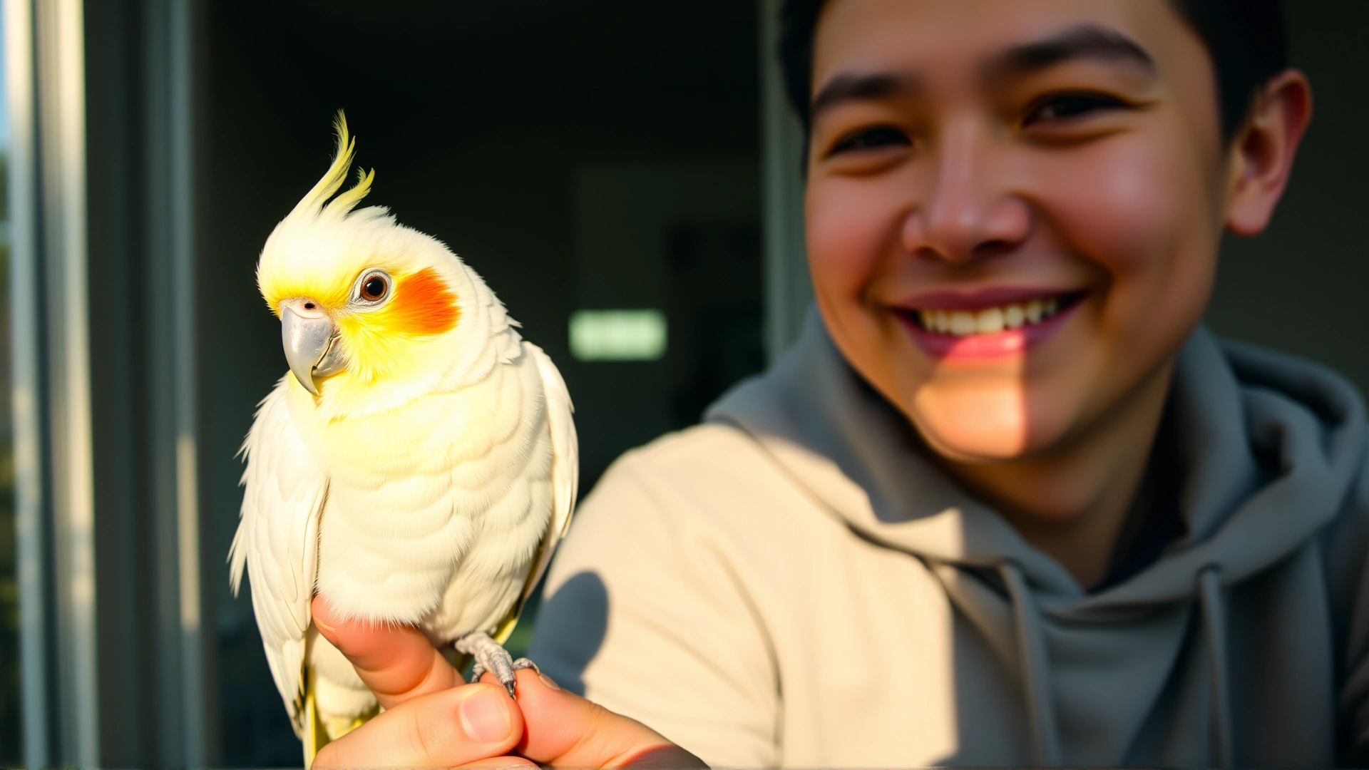 Smiling person holding a cockatiel on their finger near a window, soft afternoon light highlighting the bird.