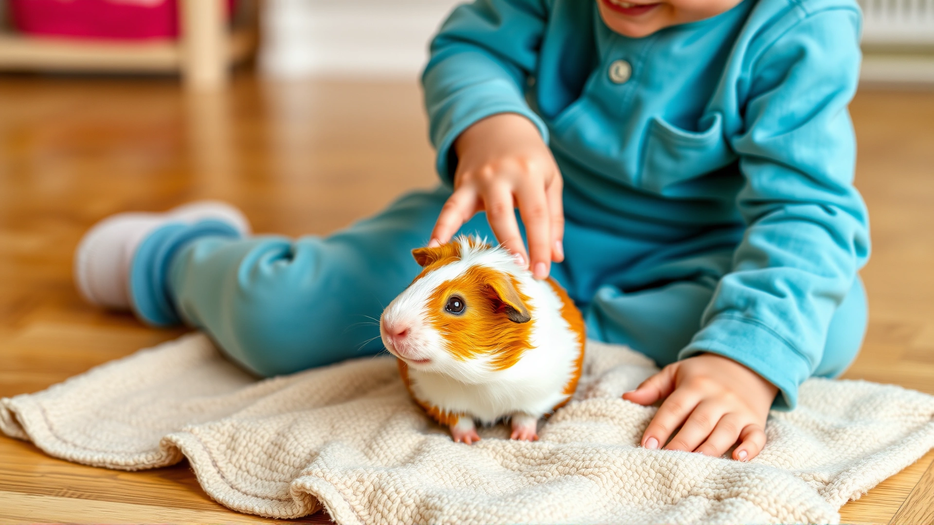 A smiling child sitting on the floor gently holding a guinea pig on a soft blanket, illustrating supervised interaction and bonding.