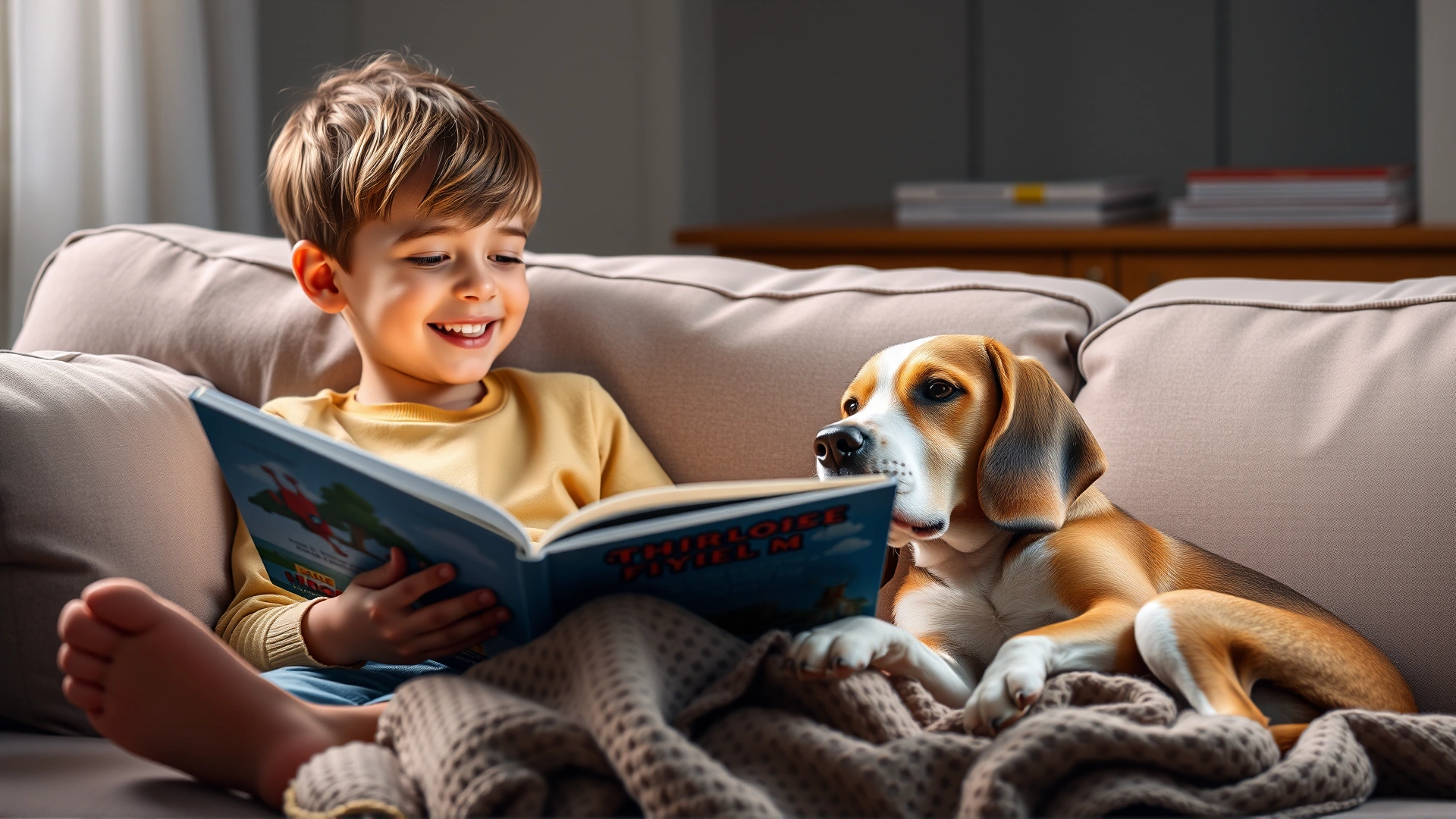 Cheerful boy reading a picture book aloud while a calm beagle lies beside him on a couch; cozy blanket and warm lighting; no text