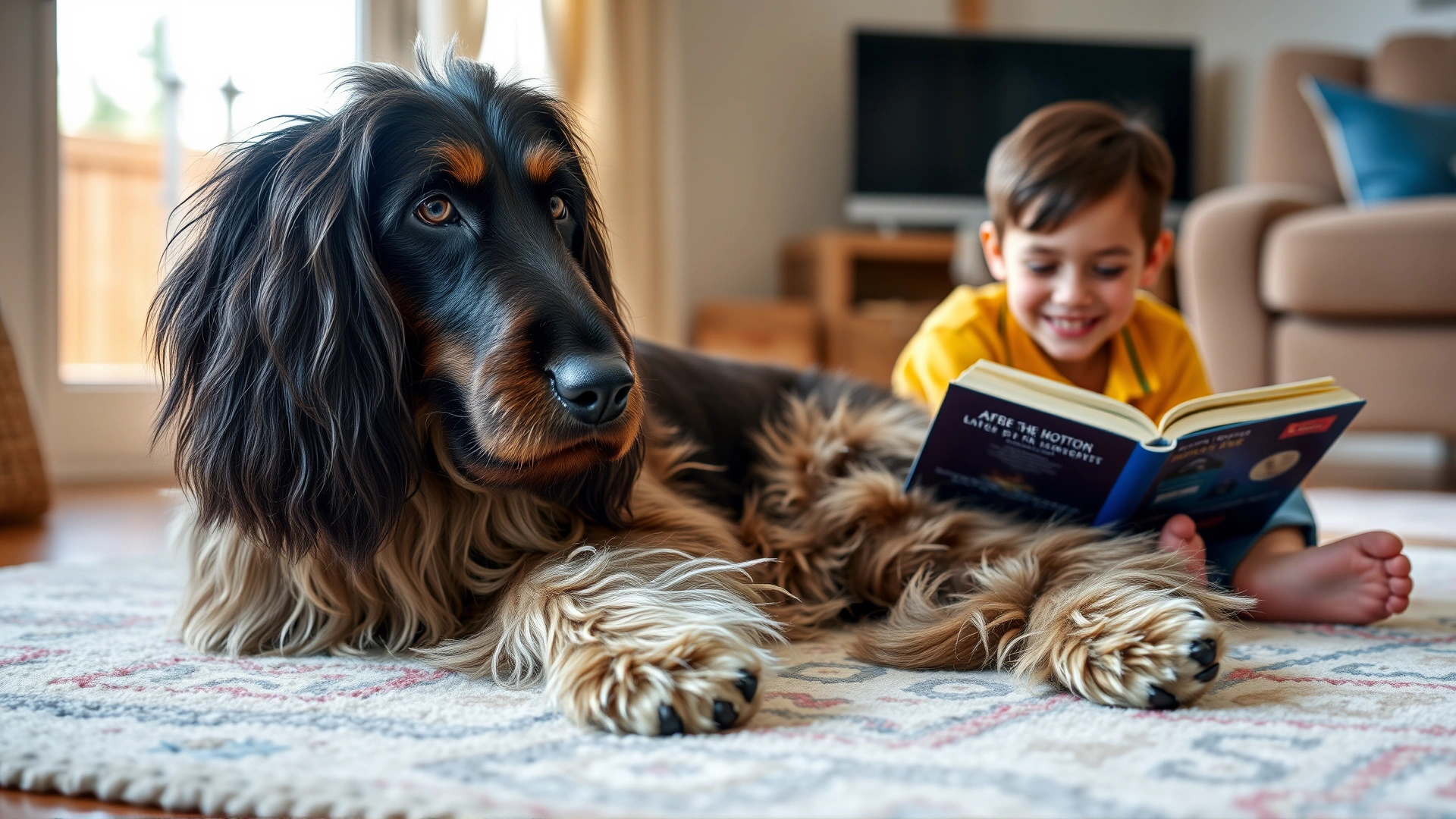 Afghan Hound lying on a cozy living-room rug next to a smiling child reading a book, natural warm lighting conveying companionship.