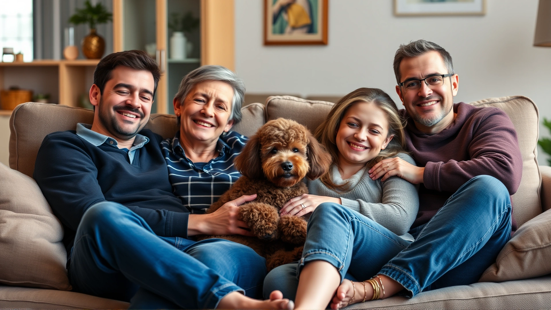 Happy family relaxing on a living-room couch with a Miniature Poodle cuddled between them, showcasing the dog’s affectionate nature.