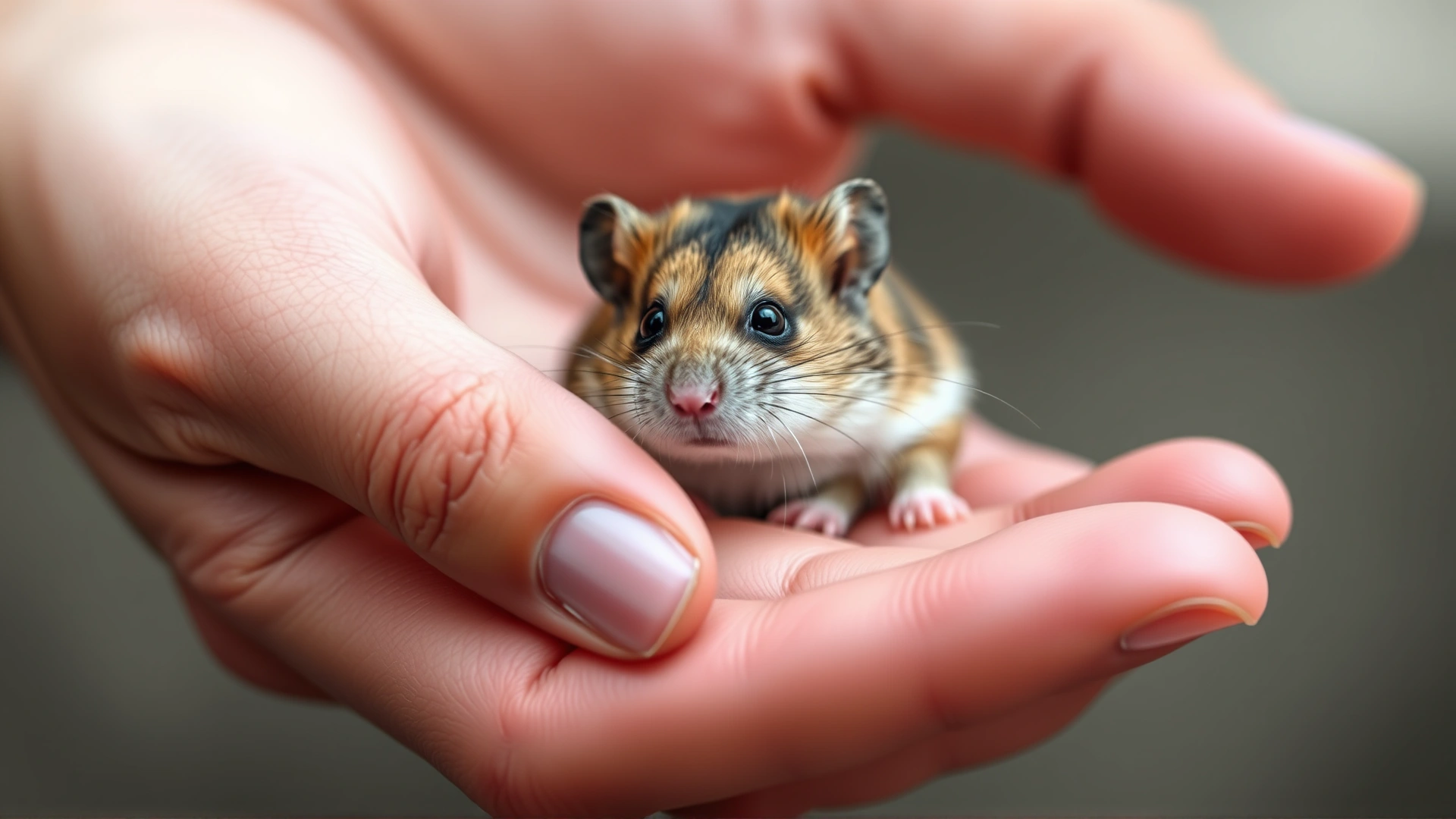 Human hand gently holding a calm hamster to illustrate bonding time, soft focus background