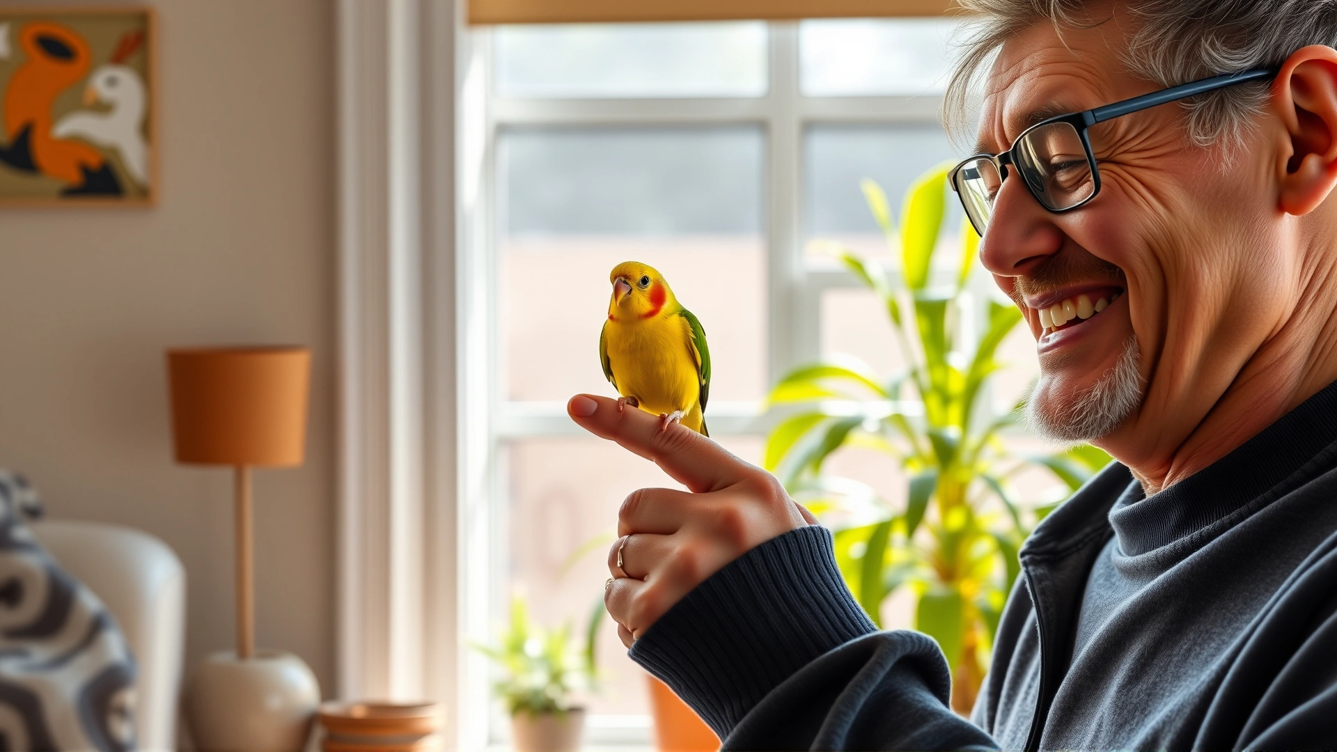 A cheerful person in casual home attire allowing a lovebird to perch on their index finger near a sunny window with indoor plants in the background.