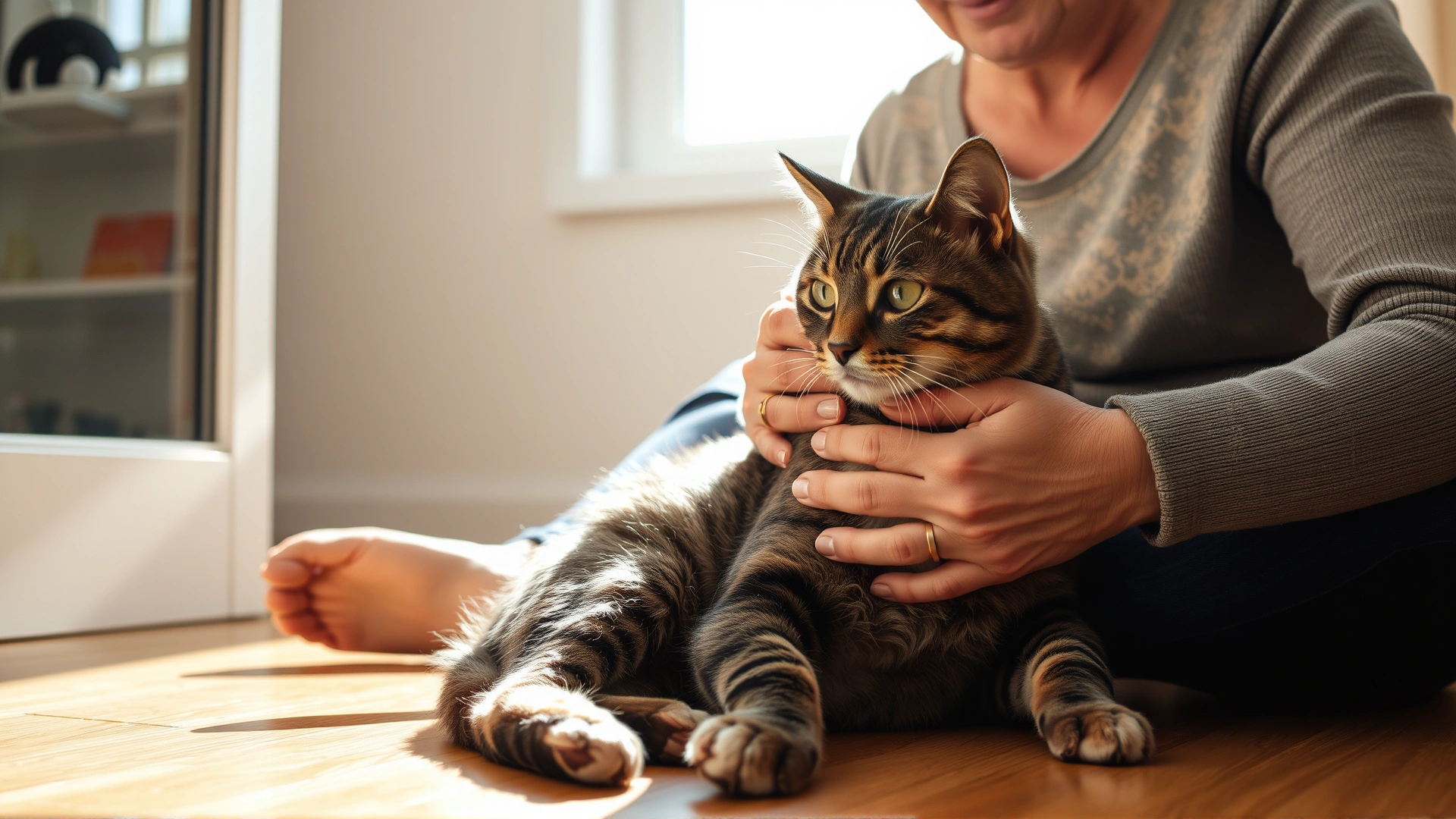 Close-up of a middle-aged woman sitting on the floor, stroking her elderly gray tabby cat by a sunlit window, highlighting emotional connection.