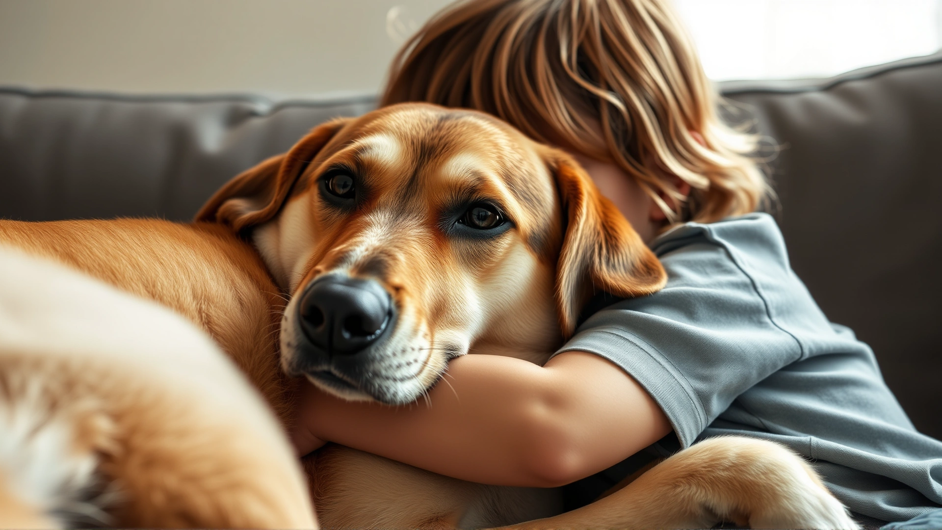 Close-up of a child hugging a calm mixed-breed dog on a couch, showing emotional bonding.