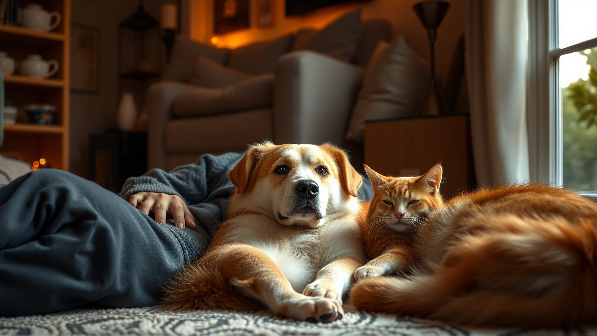 Evening scene of adopter lounging on the floor with dog and cat cuddled beside, warm ambient lighting, cozy home environment