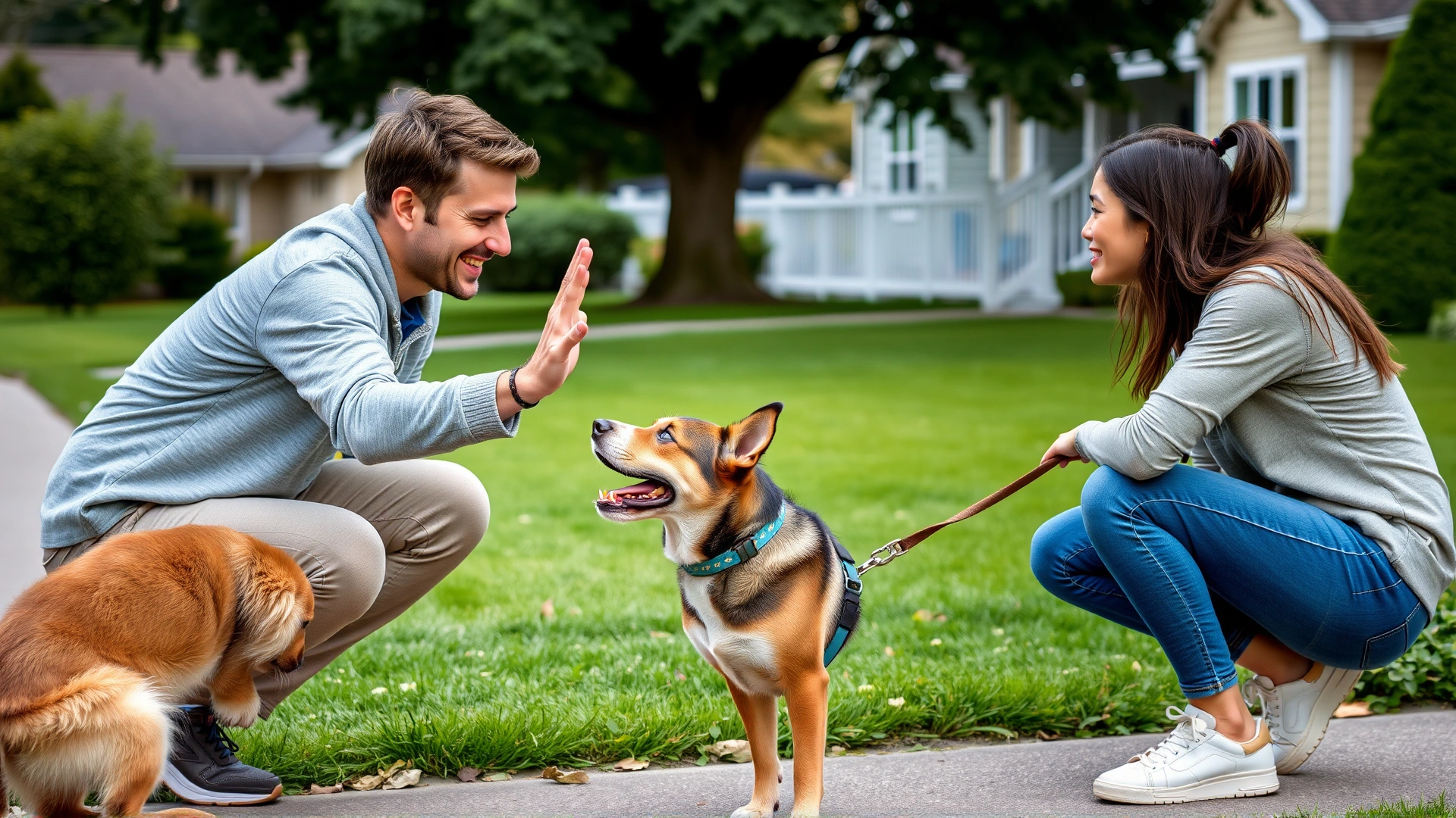 Owner crouching to high-five their dog during a walk, mutual eye contact and happy expressions, captured in a suburban neighborhood